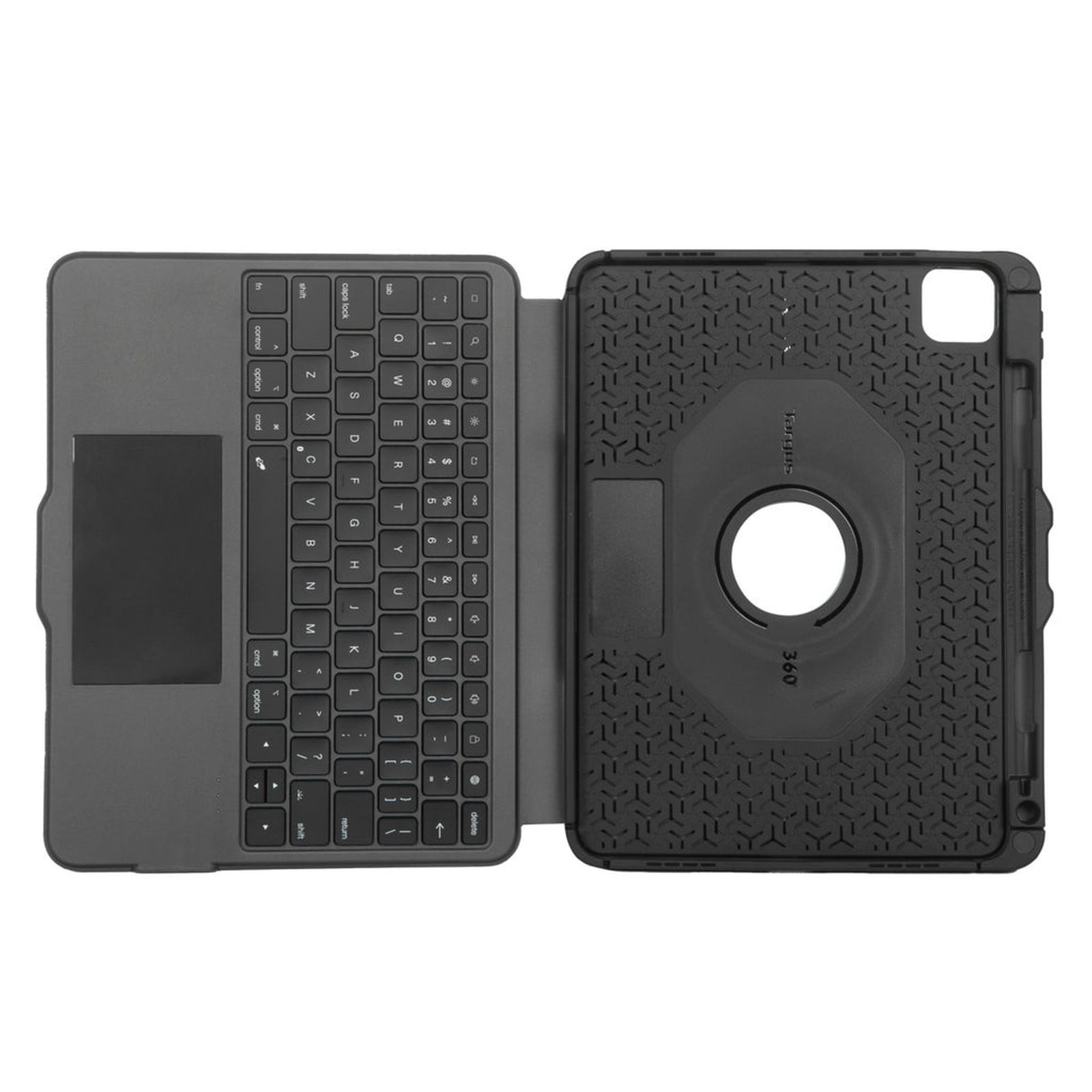 Custodia nera Targus per tablet con tastiera e trackpad aperti, che mostrano il layout della tastiera.