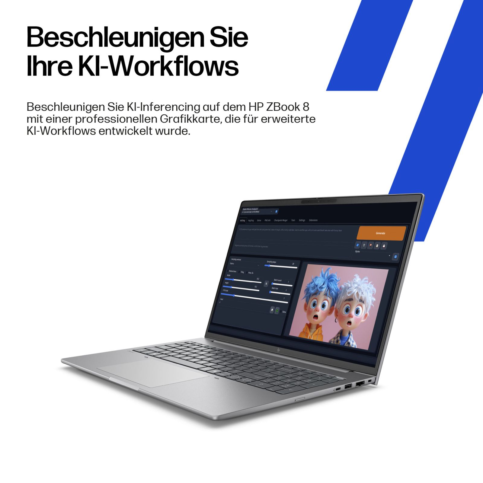 Srebrny laptop HP wyświetla oprogramowanie do generowania grafiki AI z postaciami z kreskówek.