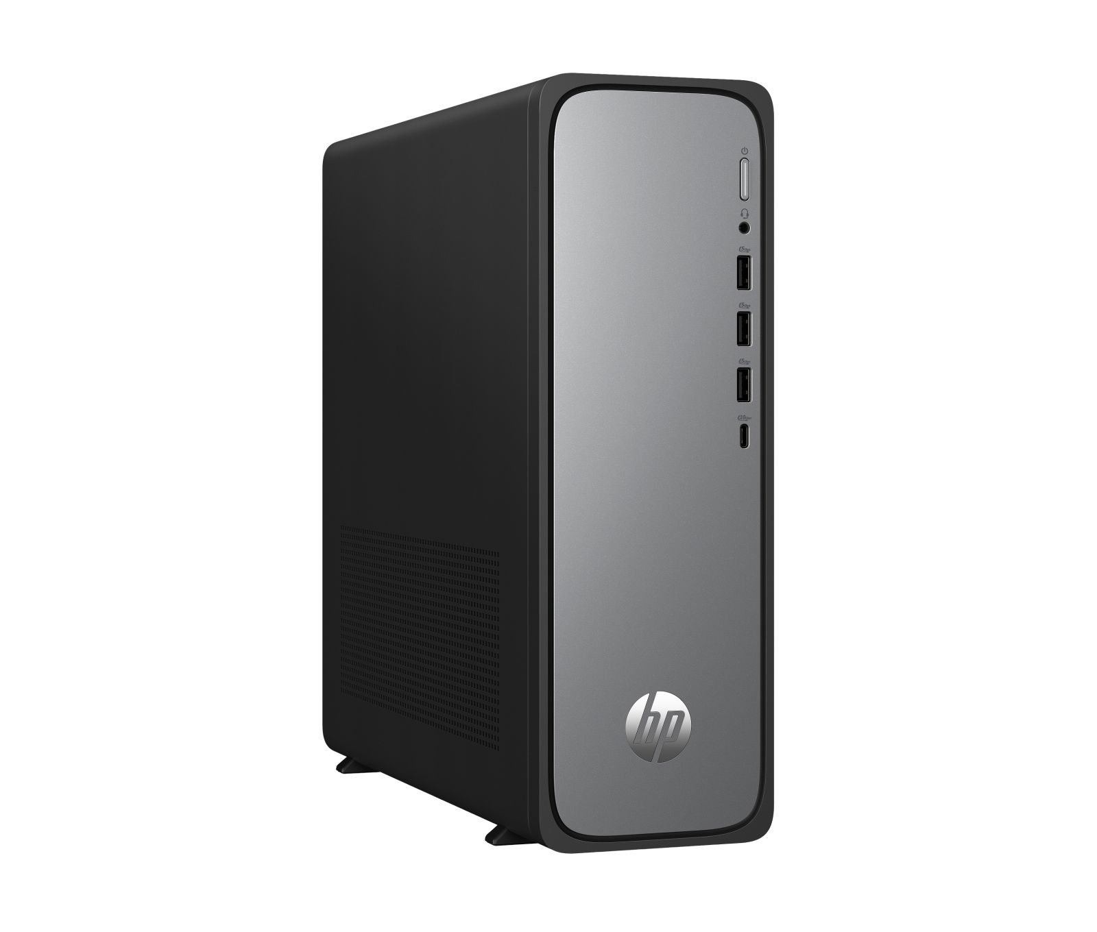 Ein schwarzer und silberner HP Desktop-Computer-Tower mit USB-Anschlüssen und Netzschalter.