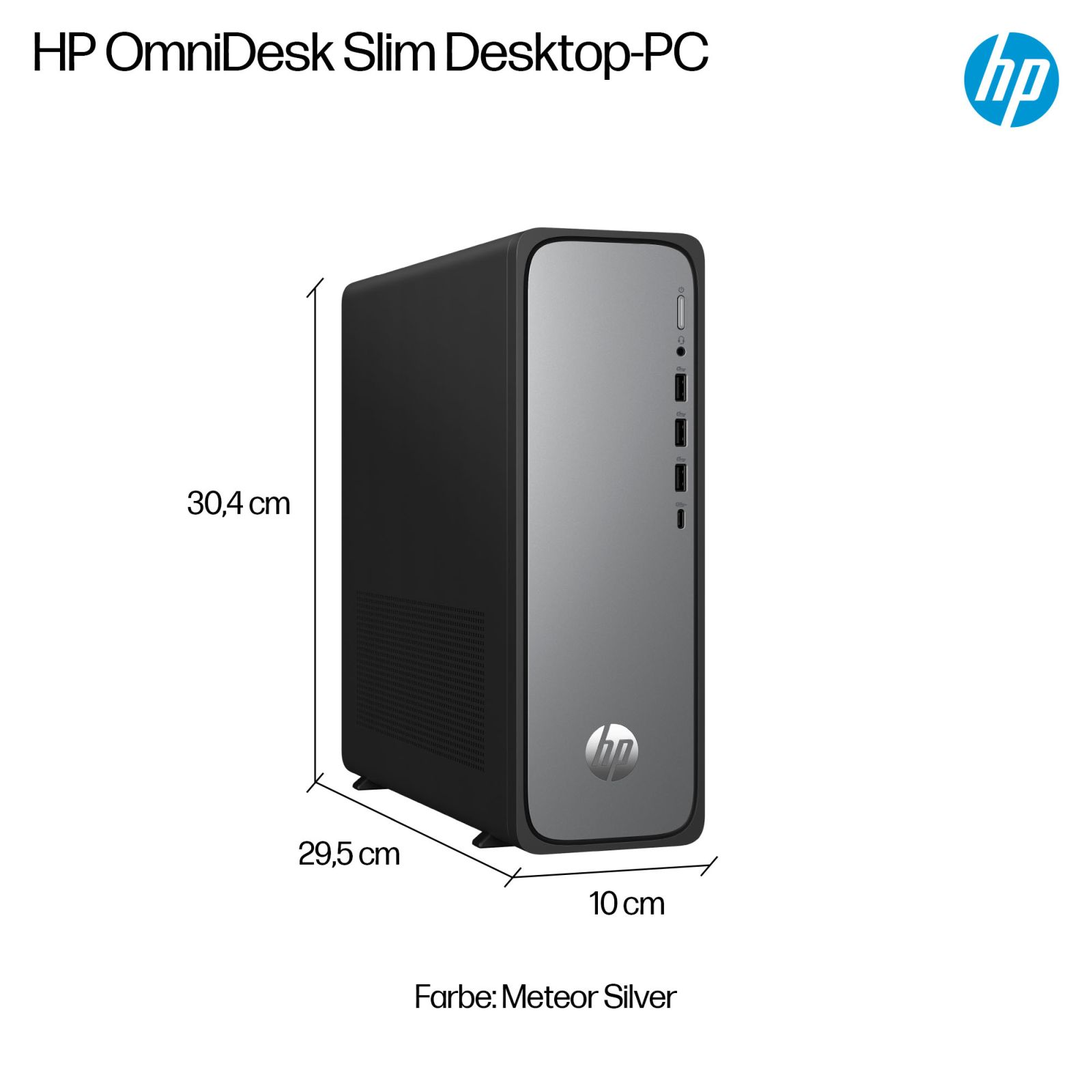 HP OmniDesk Slim Desktop-PC in Meteor Silver, Maße: 30,4x29,5x10 cm.