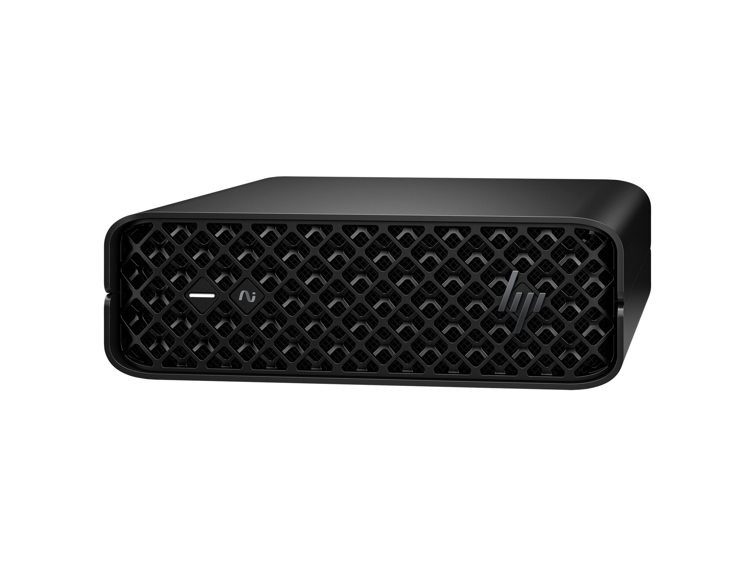 Un mini PC nero con motivo a griglia sul davanti e logo HP.