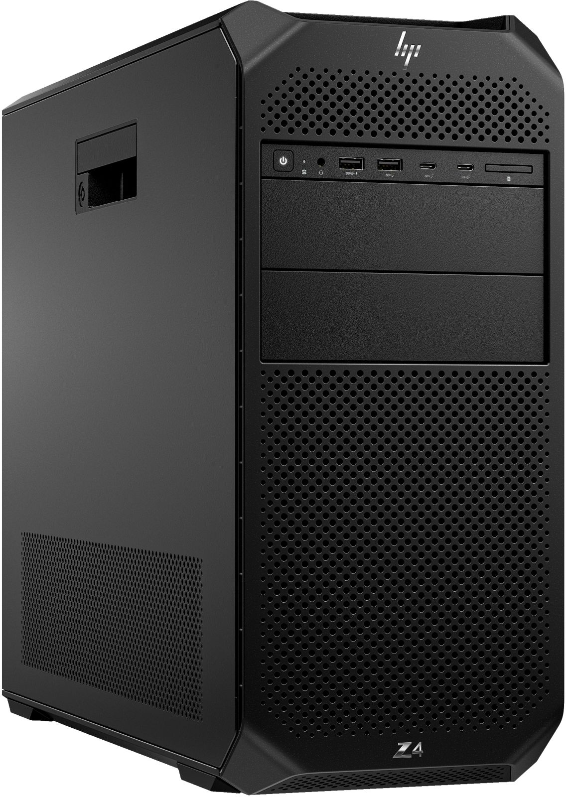 Torre workstation HP Z4 nera con porte USB frontali, pulsante di accensione e prese d'aria.