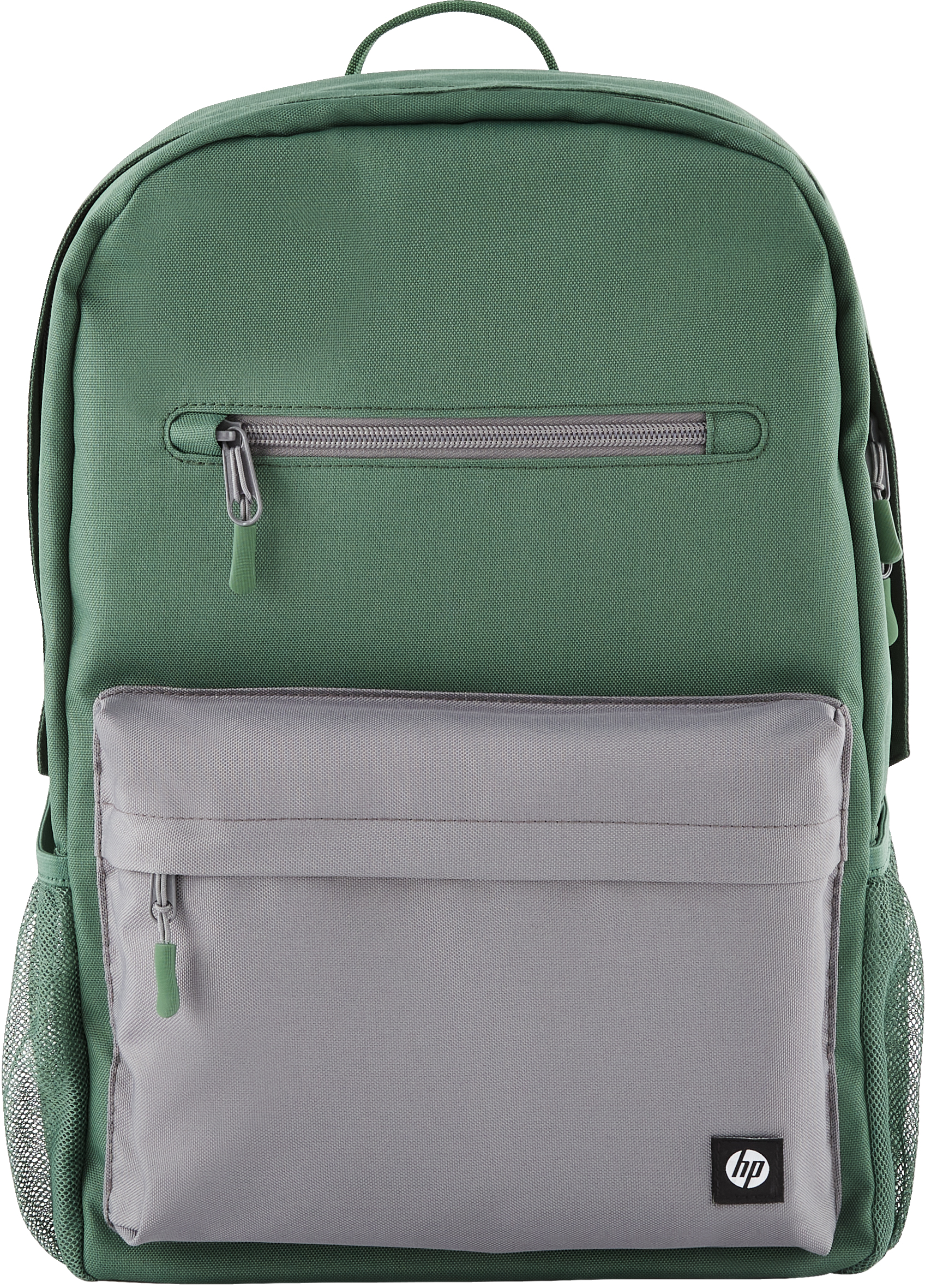 Zaino verde con tasca frontale grigia. Cerniere e tasche laterali in rete. Logo HP visibile.