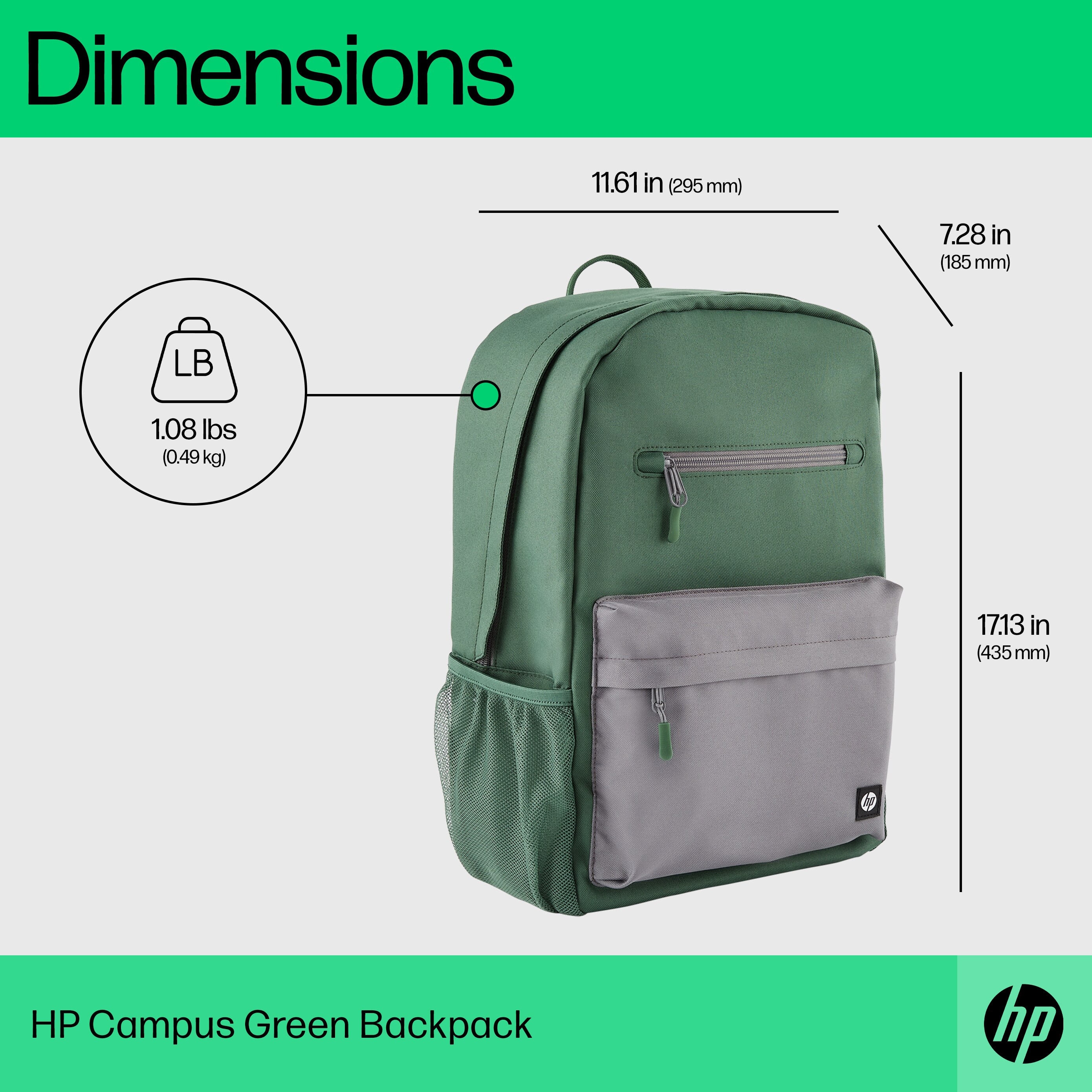 Zaino HP verde con tasca frontale grigia, tasche laterali in rete. Dimensioni mostrate.