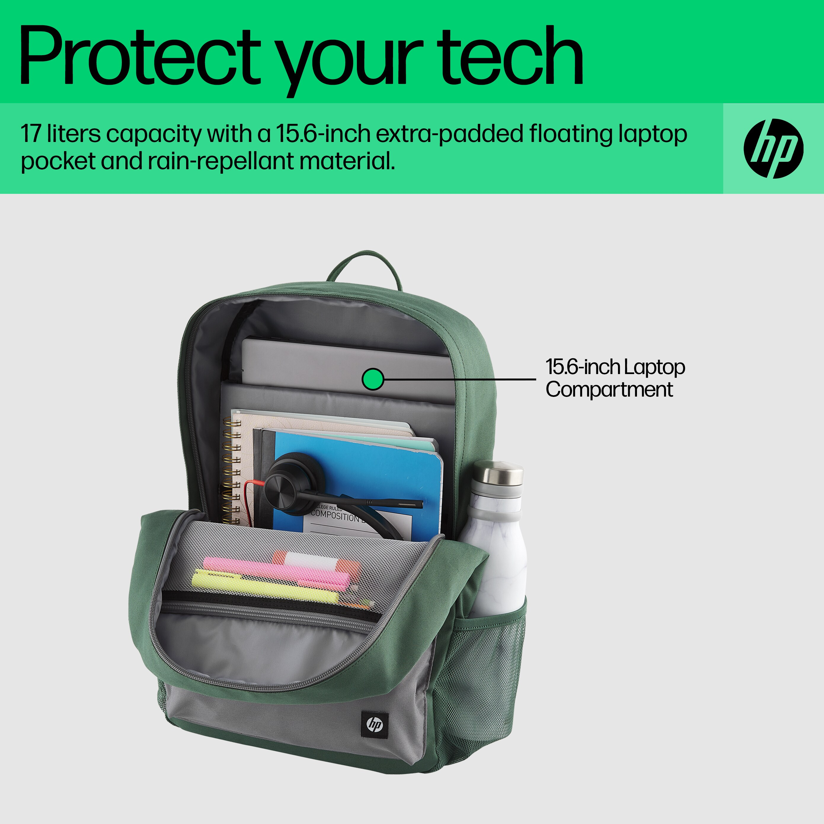 Zaino HP verde con scomparto per laptop da 15,6 pollici, borraccia, quaderni e cuffie.
