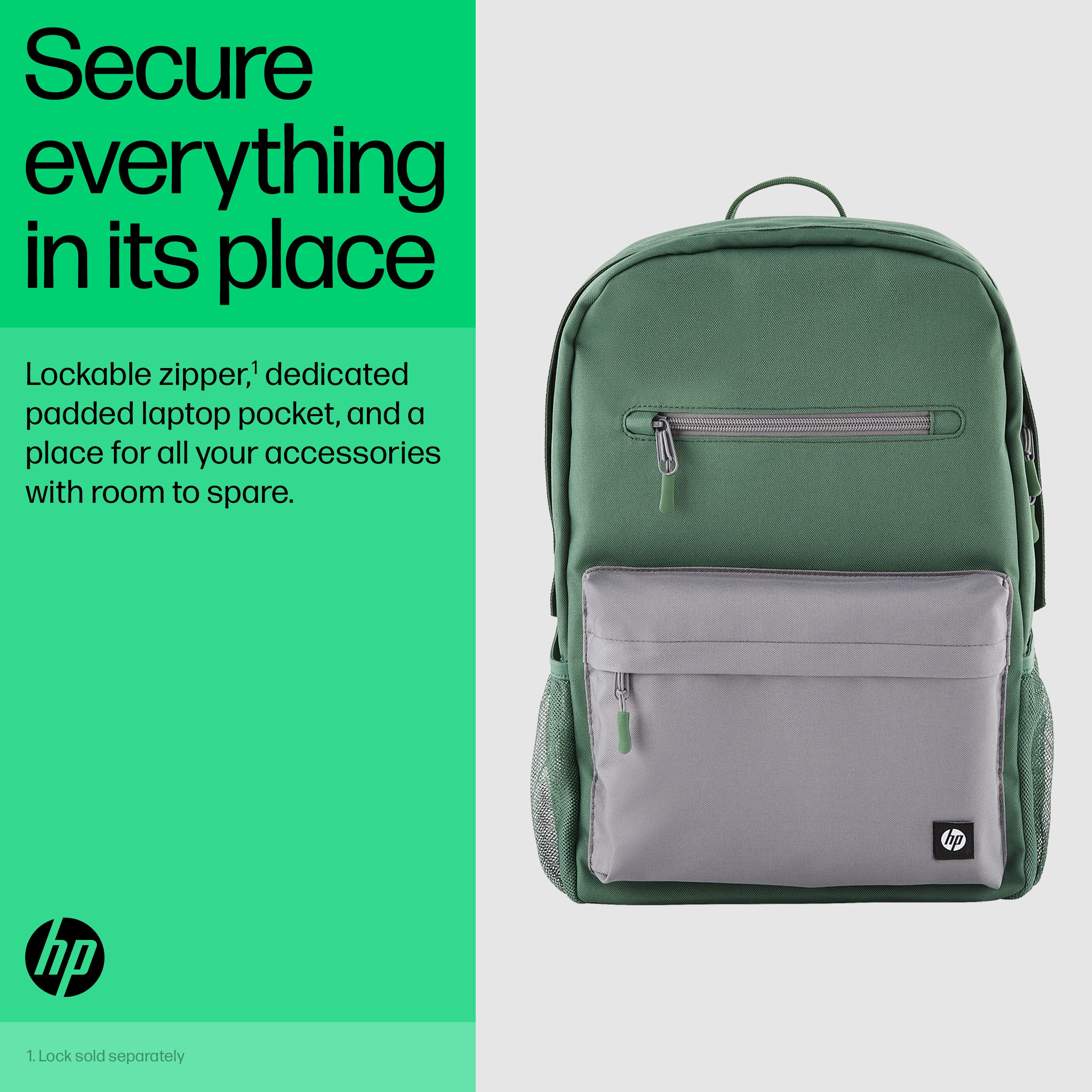 Uno zaino HP verde e grigio con cerniera bloccabile e tasca imbottita per laptop.