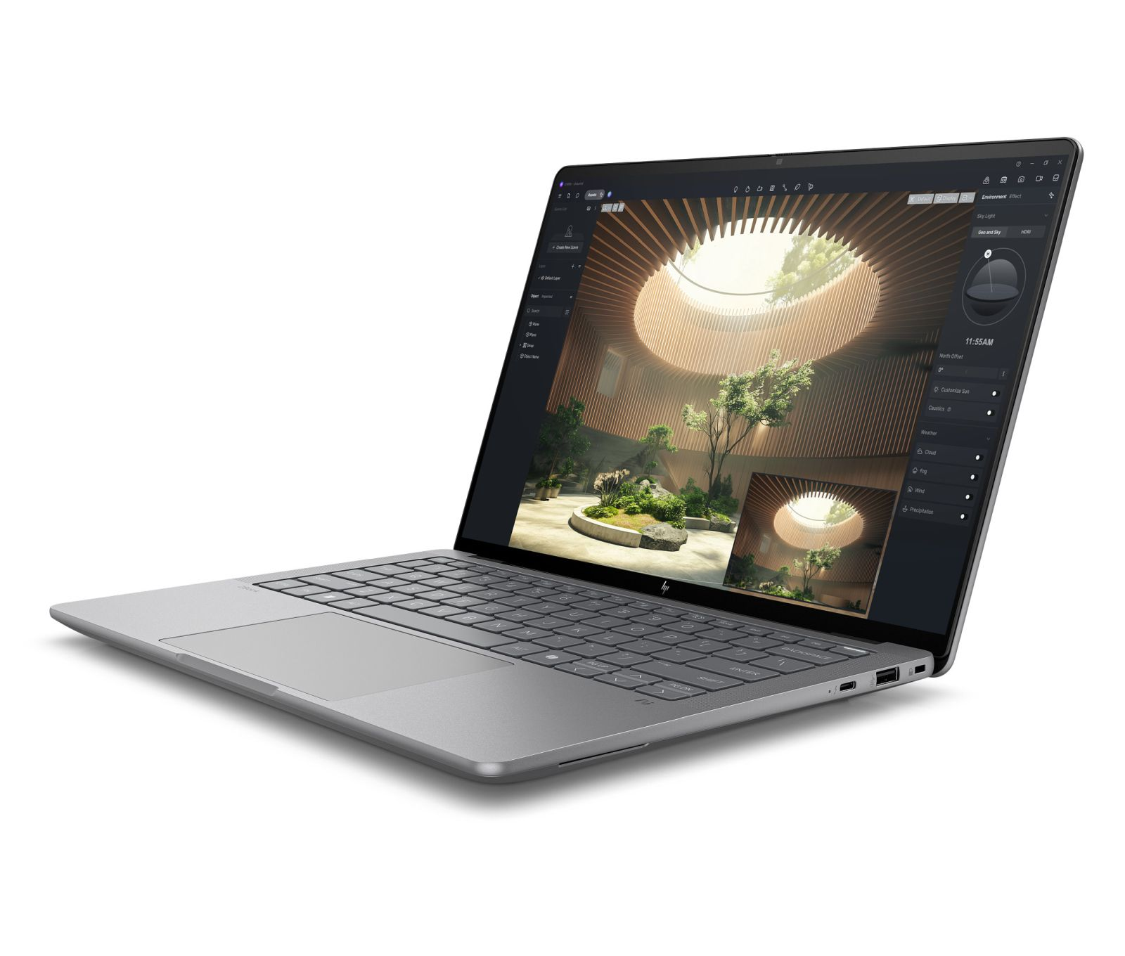 Silberner HP Laptop mit 3D-Architekturdarstellung eines modernen Innenhofs mit Oberlicht.