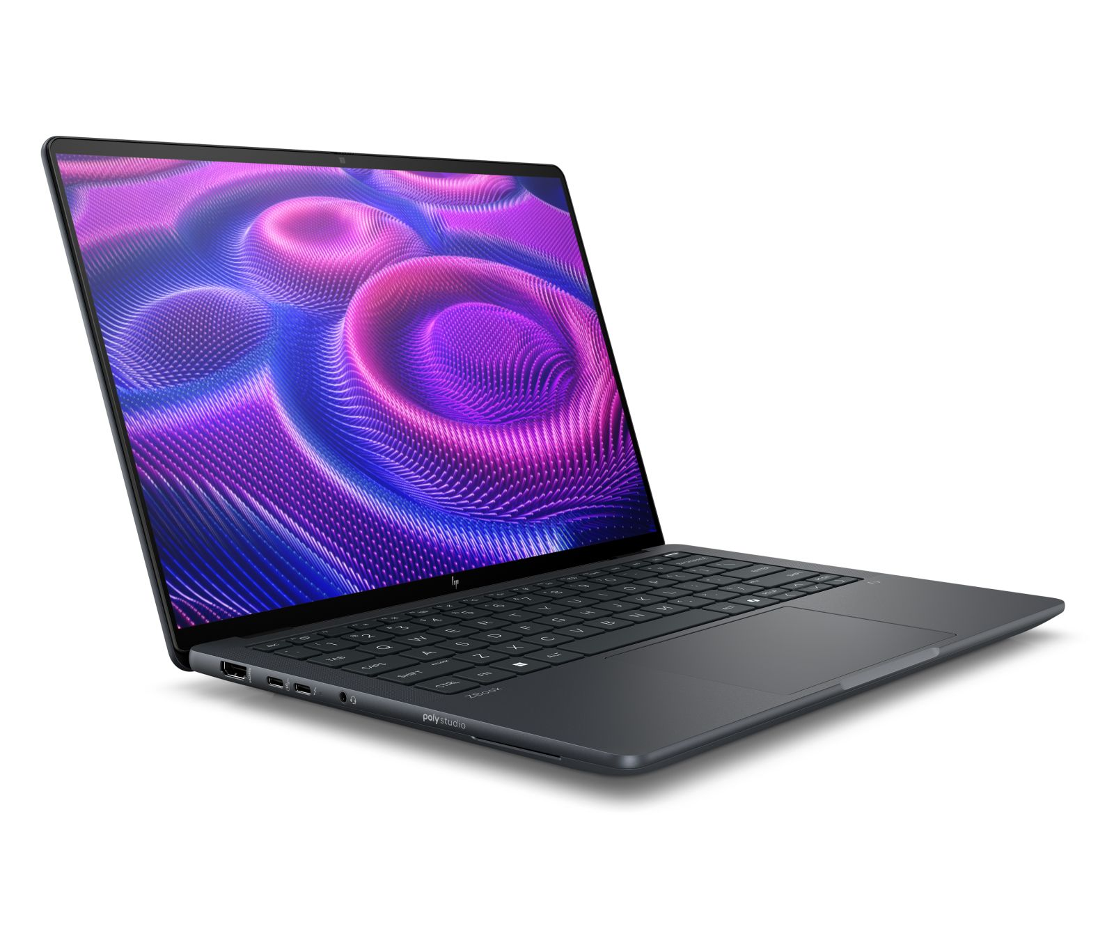 Ein dunkler Laptop mit einem lebendigen, abstrakten Hintergrund auf dem Bildschirm.