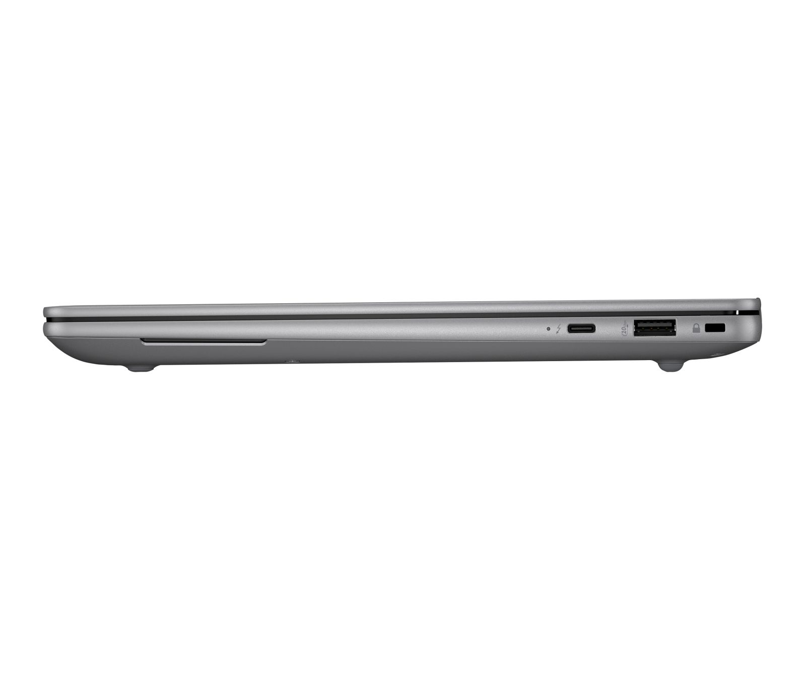 Seitenansicht eines grauen Laptops mit USB-C- und USB-Anschlüssen.