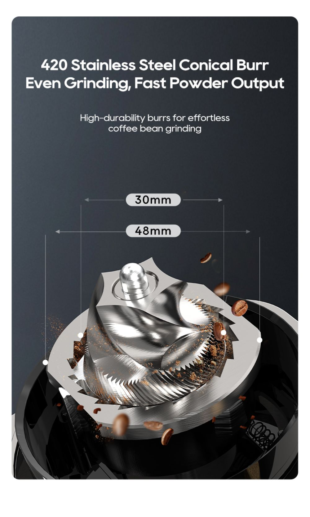 Primer plano del cono de molienda cónico de acero inoxidable 420 de un molinillo de café. Se ven granos de café.