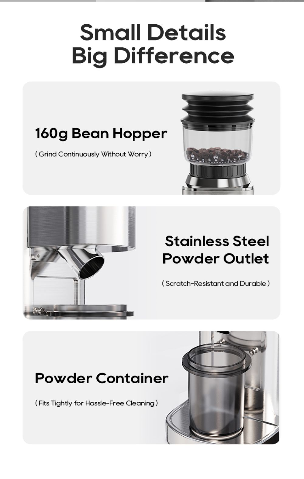 Cafetera: tolva de 160g, salida de acero inoxidable, contenedor de polvo.
