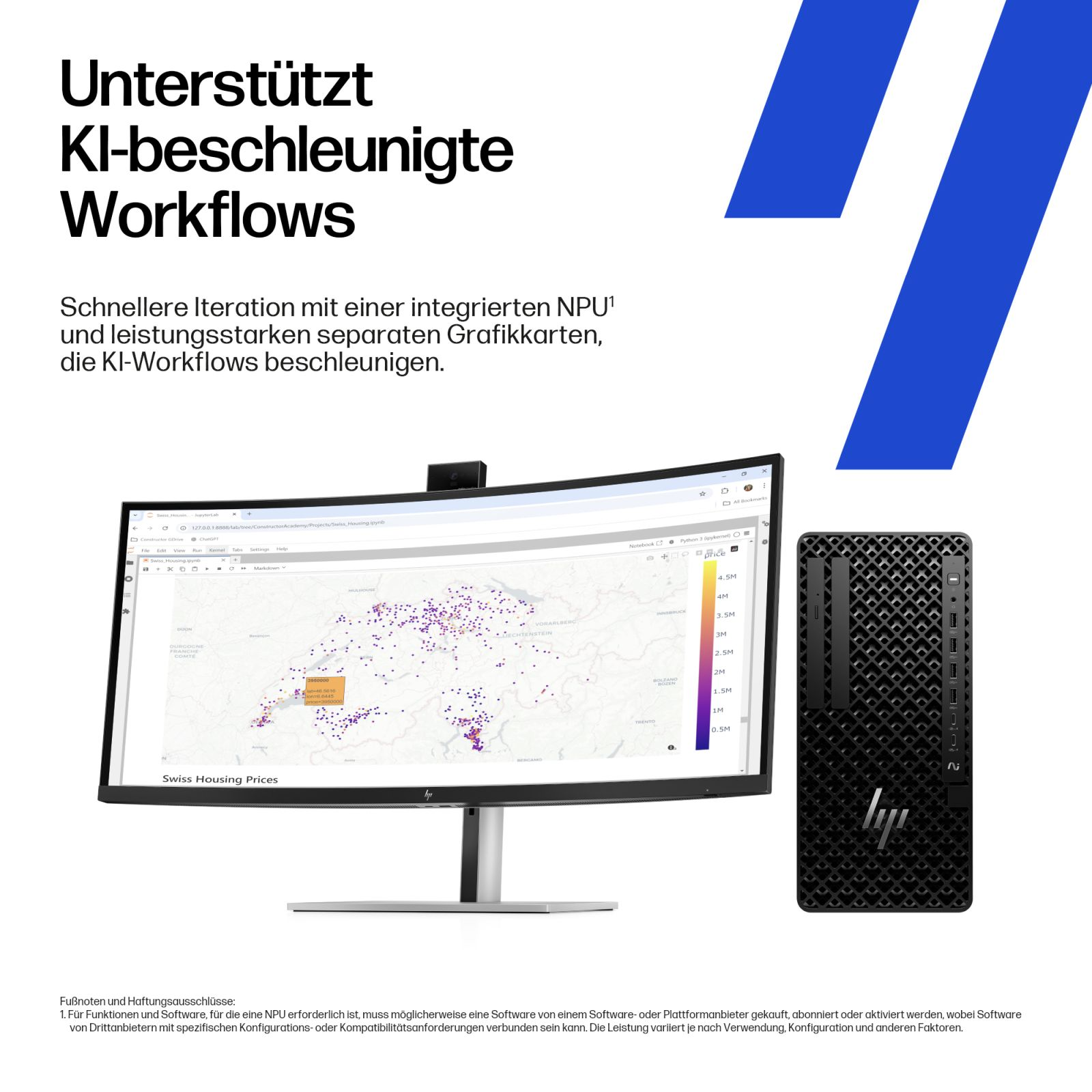 Zestaw komputerowy z dużym zakrzywionym monitorem wyświetlającym mapę Szwajcarii i czarnym komputerem typu tower.