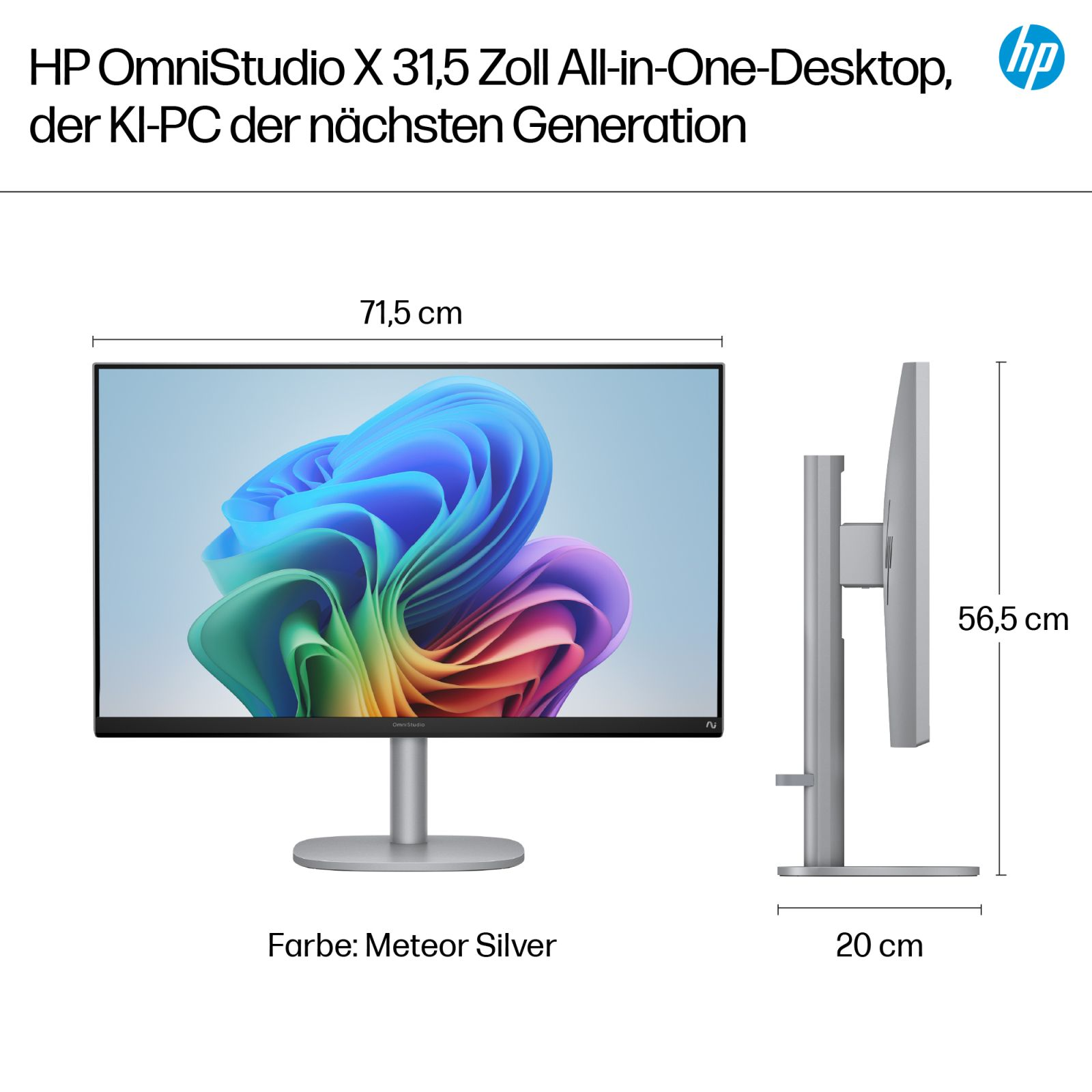 Komputer HP OmniStudio X All-in-One w kolorze Meteor Silver. Wymiary: 71,5 cm szer., 56,5 cm wys., 20 cm gł.