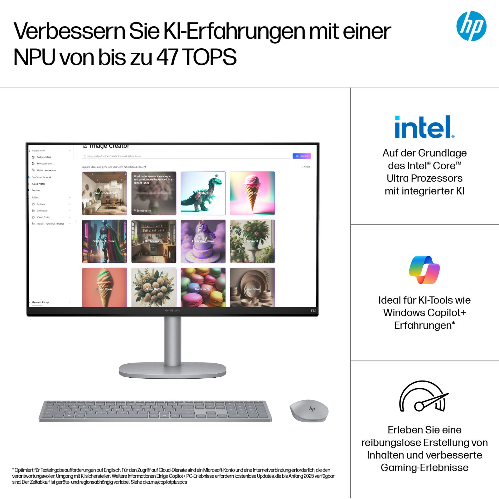Laptop HP con processore Intel Core Ultra, che mostra software di creazione immagini AI.