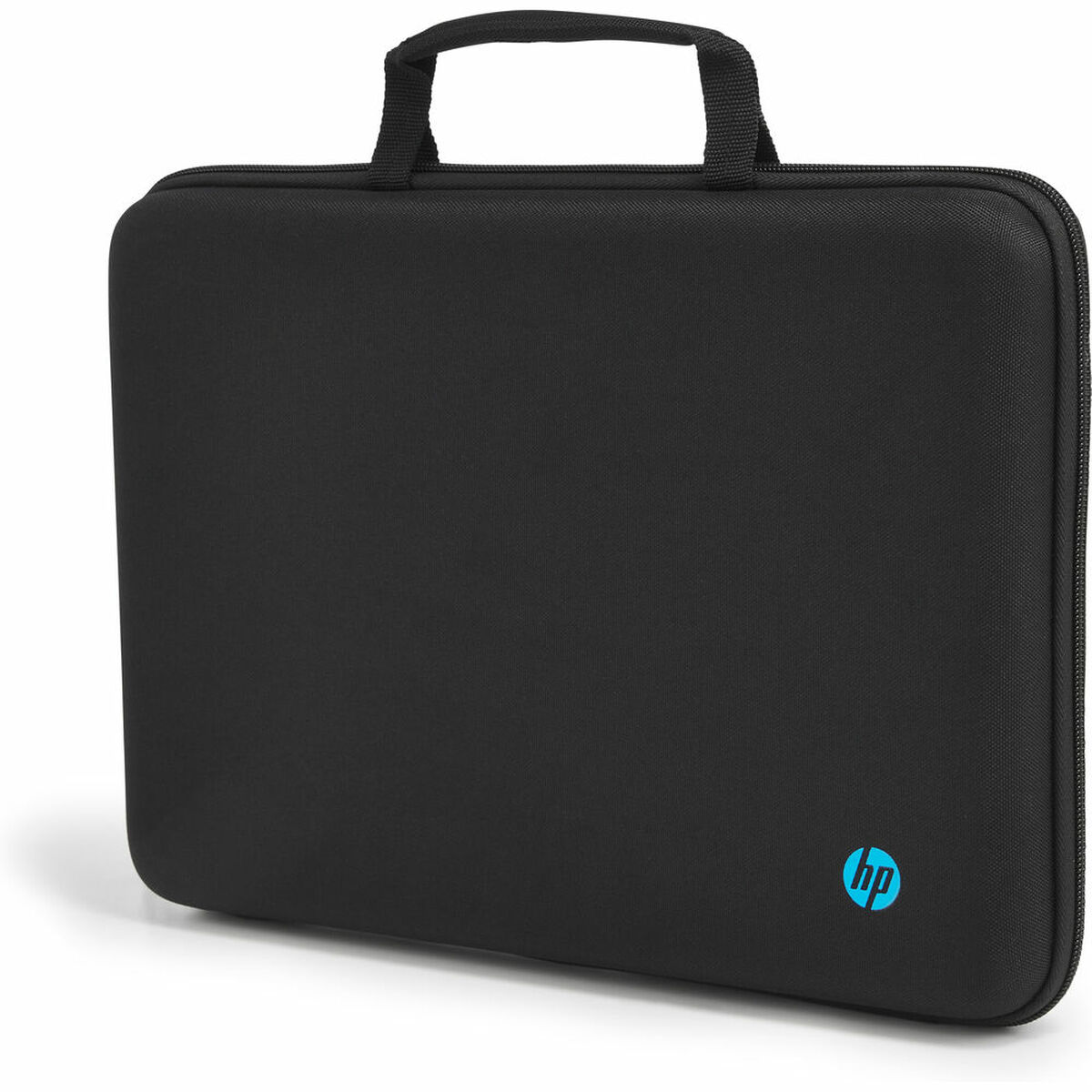 Custodia nera per laptop HP con manico e logo HP blu.