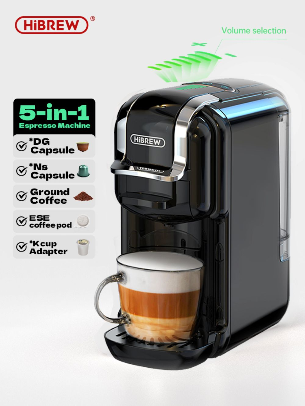 Máquina de espresso negra 5 en 1 con taza de café en capas. Incluye selección de volumen.