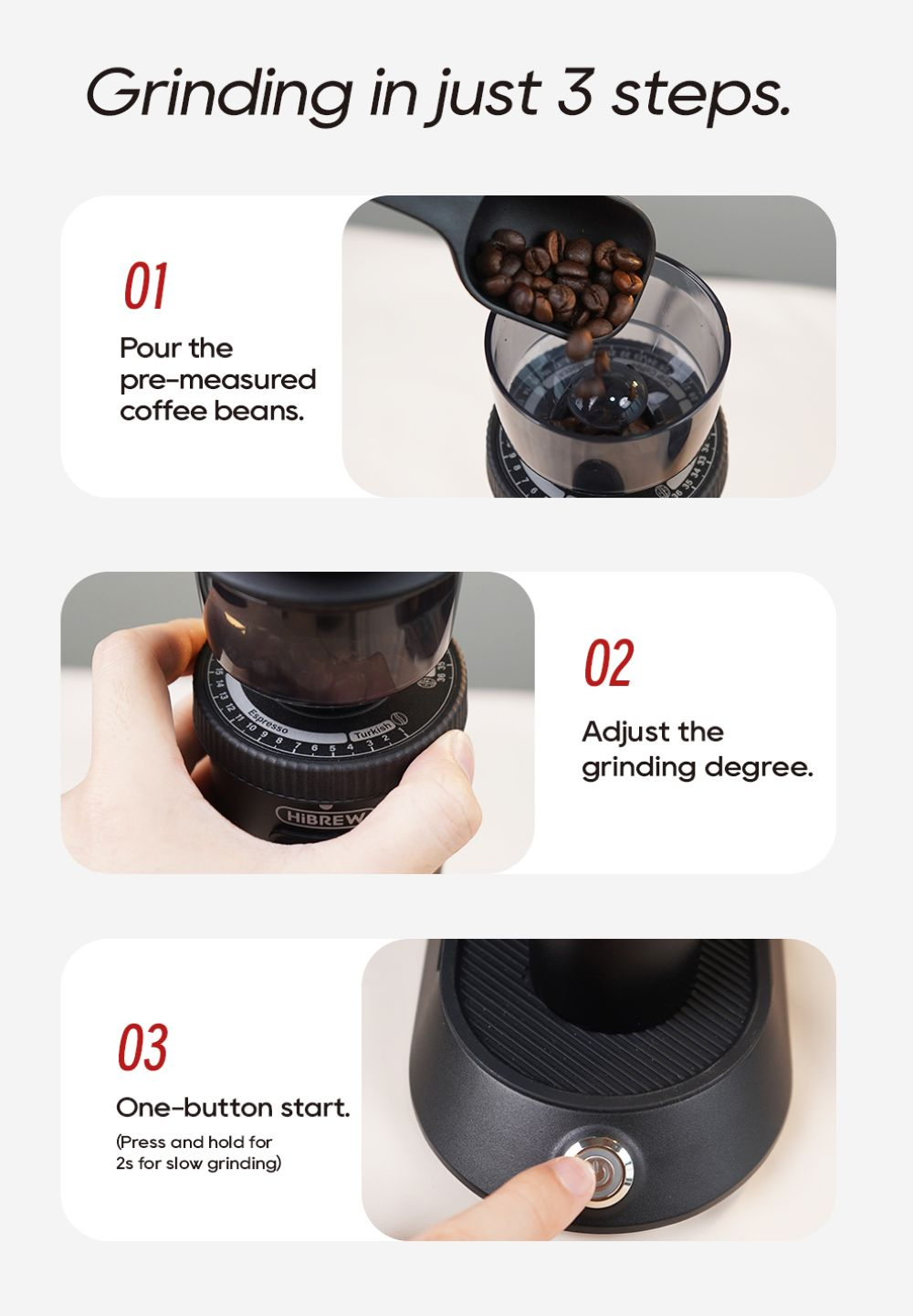 Pasos para moler café: verter granos, ajustar grado, presionar botón de inicio.