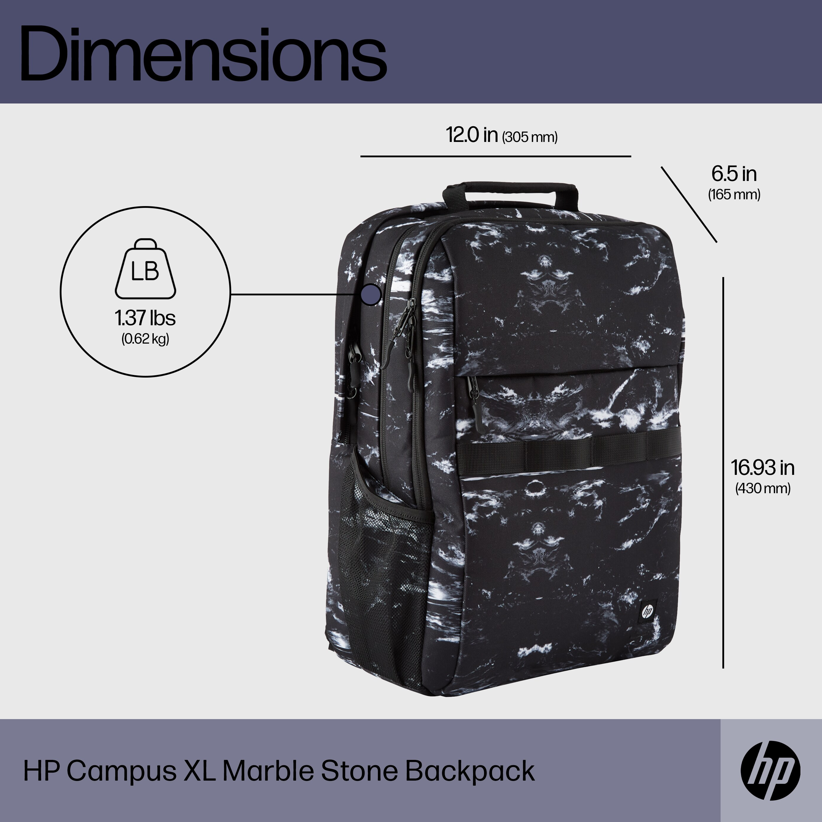 Zaino HP Campus XL in pietra marmorizzata nera con dimensioni e peso indicati.