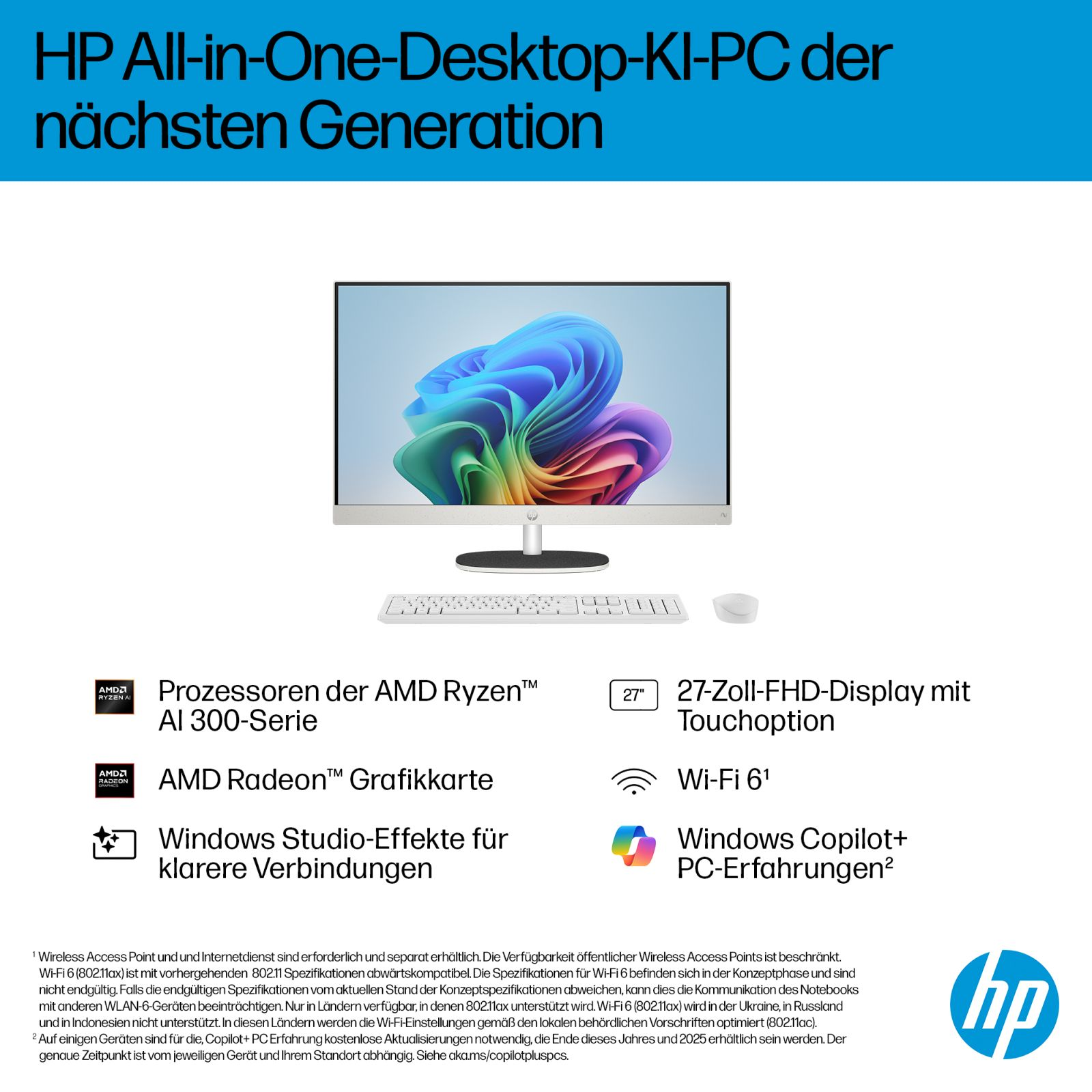 Komputer All-in-One HP z Ryzen AI, grafiką Radeon, ekranem dotykowym FHD 27 cali, Wi-Fi 6.