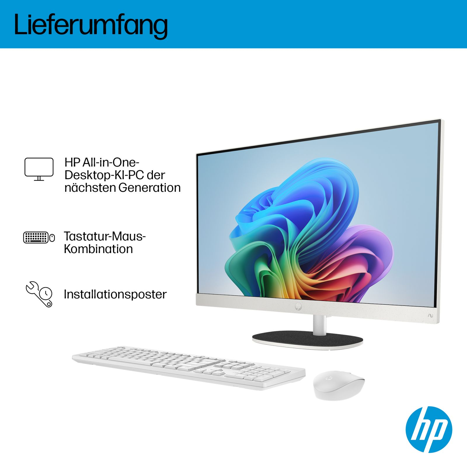 Komputer HP All-in-One, klawiatura, mysz i plakat instalacyjny.