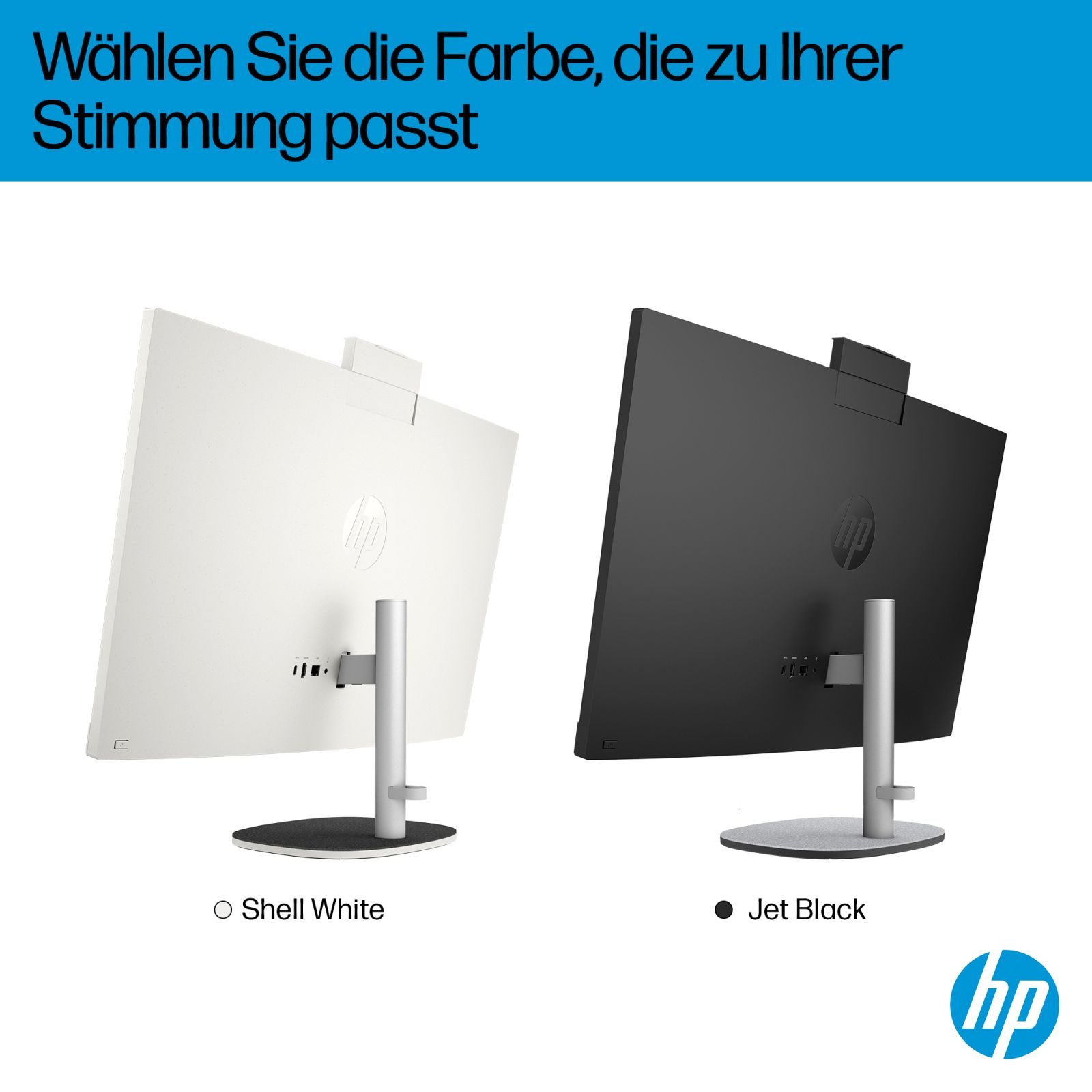 Dwa komputery HP All-in-One: jeden biały o nazwie 'Shell White', jeden czarny o nazwie 'Jet Black'.