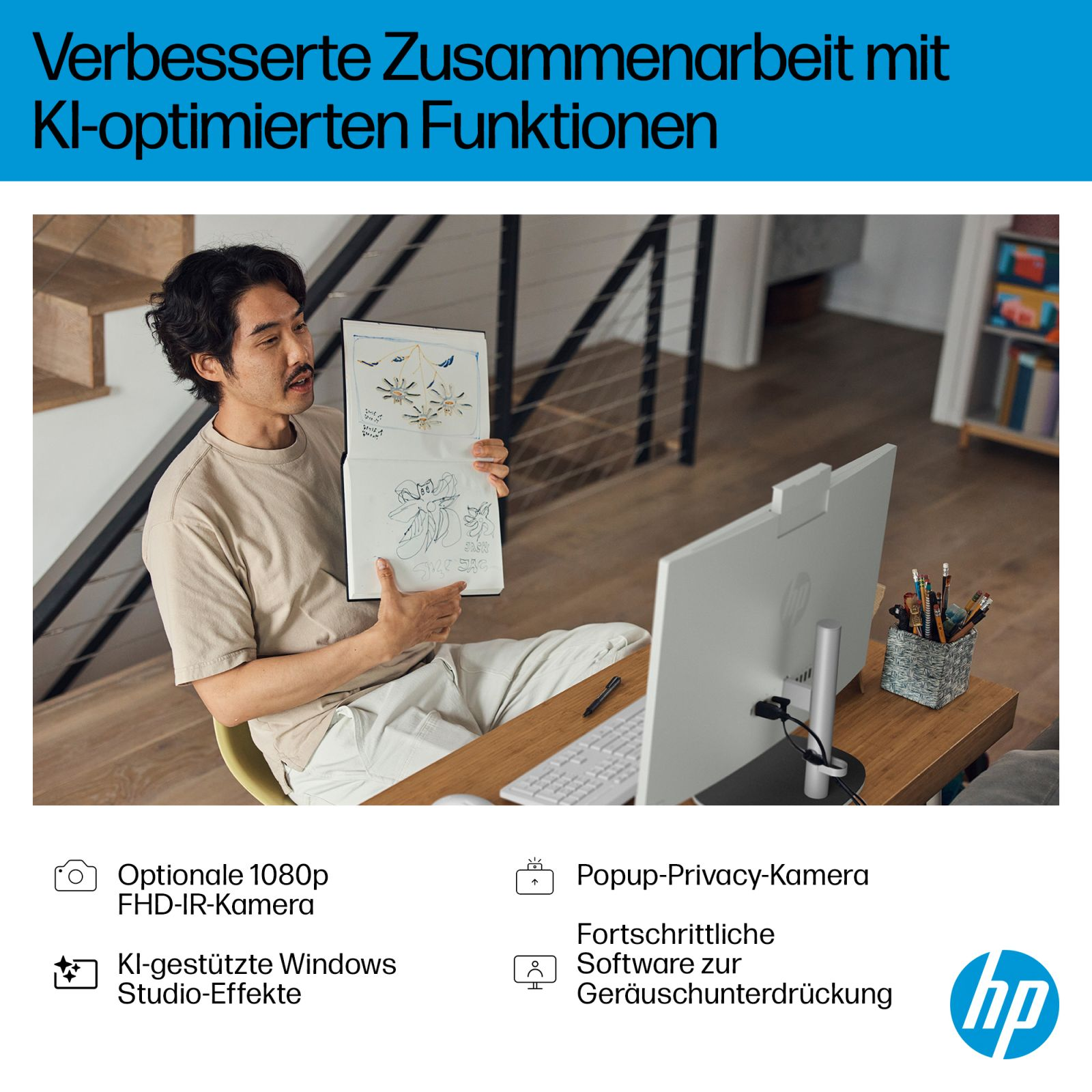 Mężczyzna prezentuje rysunki na notatniku obok komputera HP, pokazując funkcje AI.