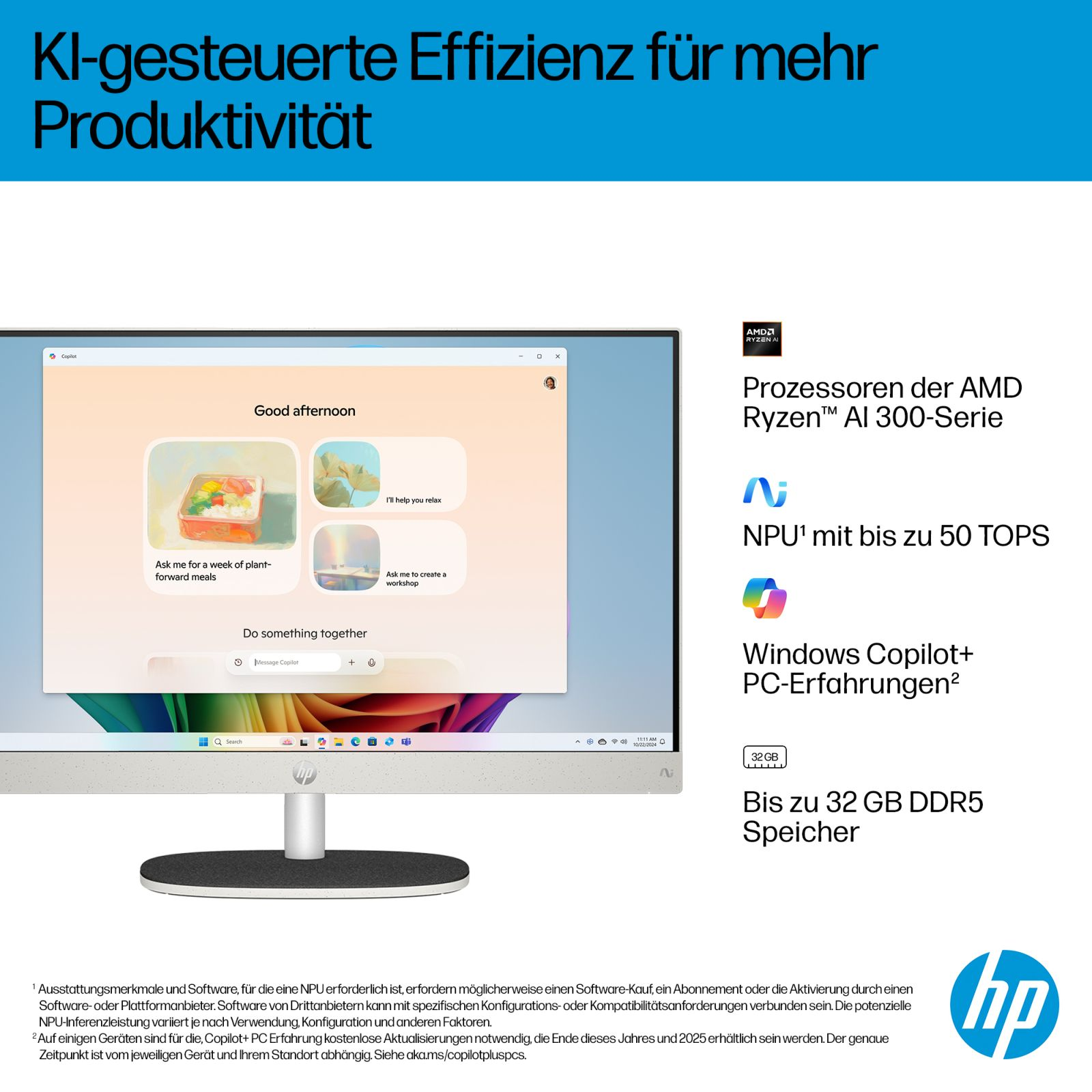 Komputer HP z funkcjami AI: AMD Ryzen AI, NPU, Windows Copilot+ PC.