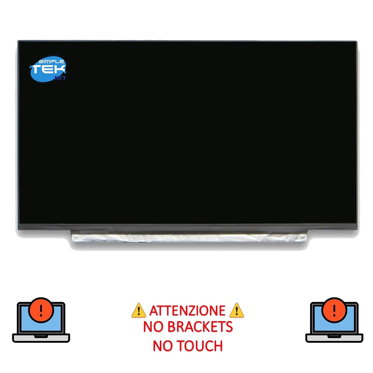 Uno schermo per laptop nero con logo e testo di avviso: 'ATTENZIONE NO BRACKETS NO TOUCH'.