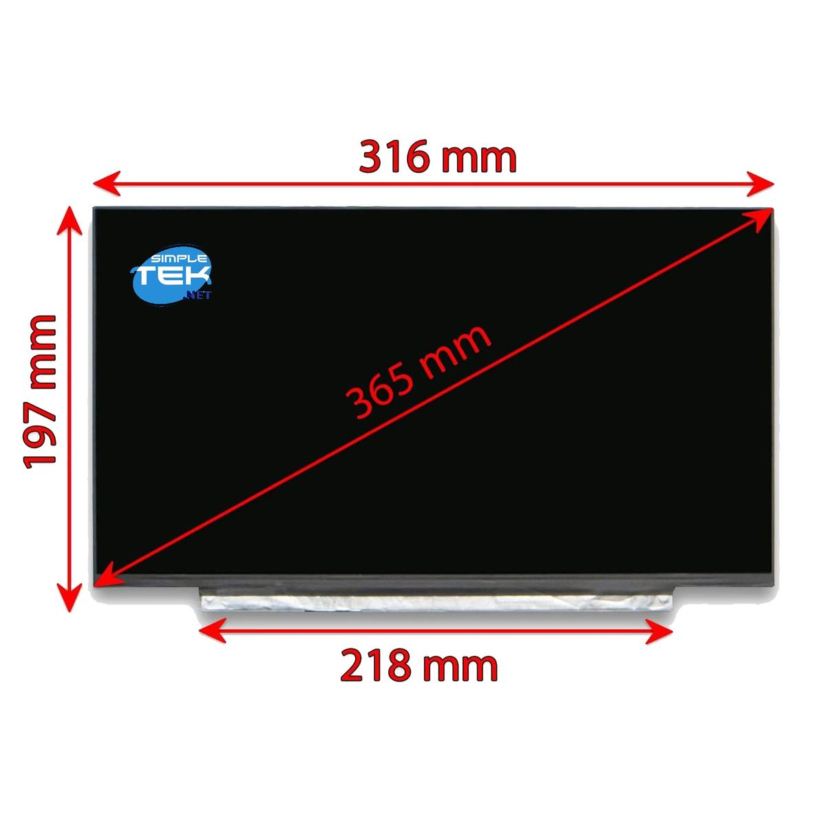Uno schermo nero con dimensioni etichettate: 316 mm larghezza, 197 mm altezza, 218 mm cornice, 365 mm diagonale.