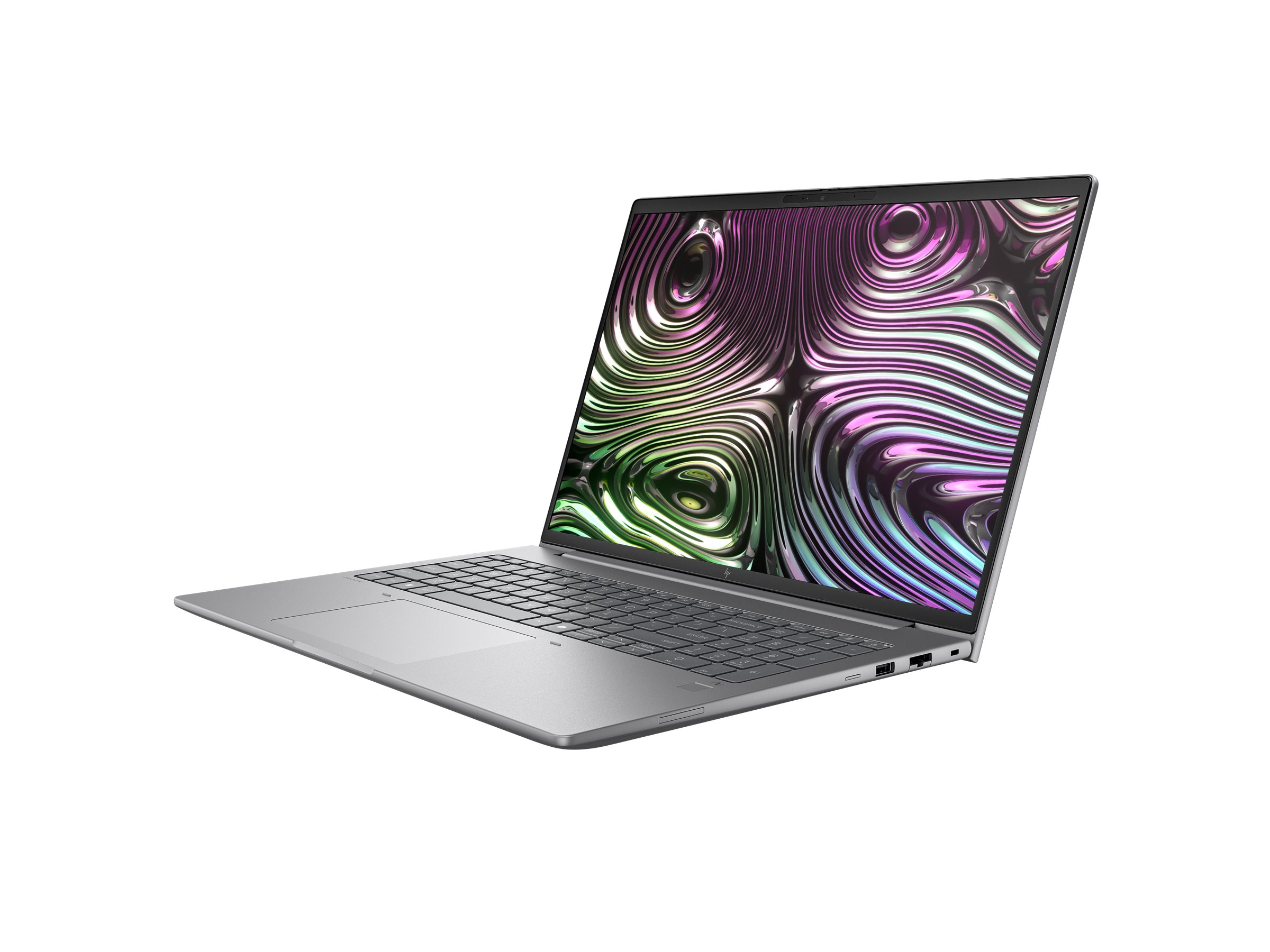Srebrny laptop z kolorowym, wirującym wzorem na ekranie.