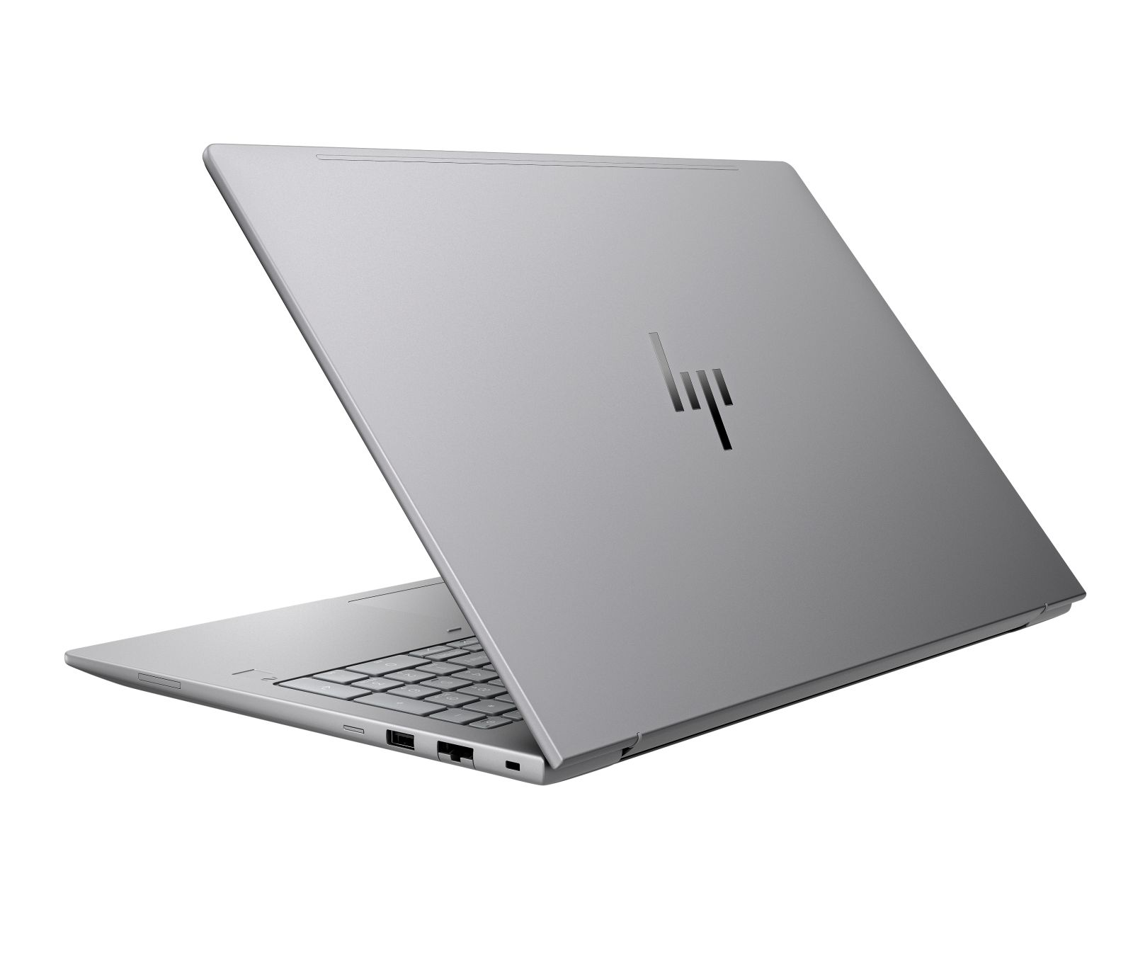 Srebrny laptop HP z otwartą pokrywą, widoczną klawiaturą i portami.