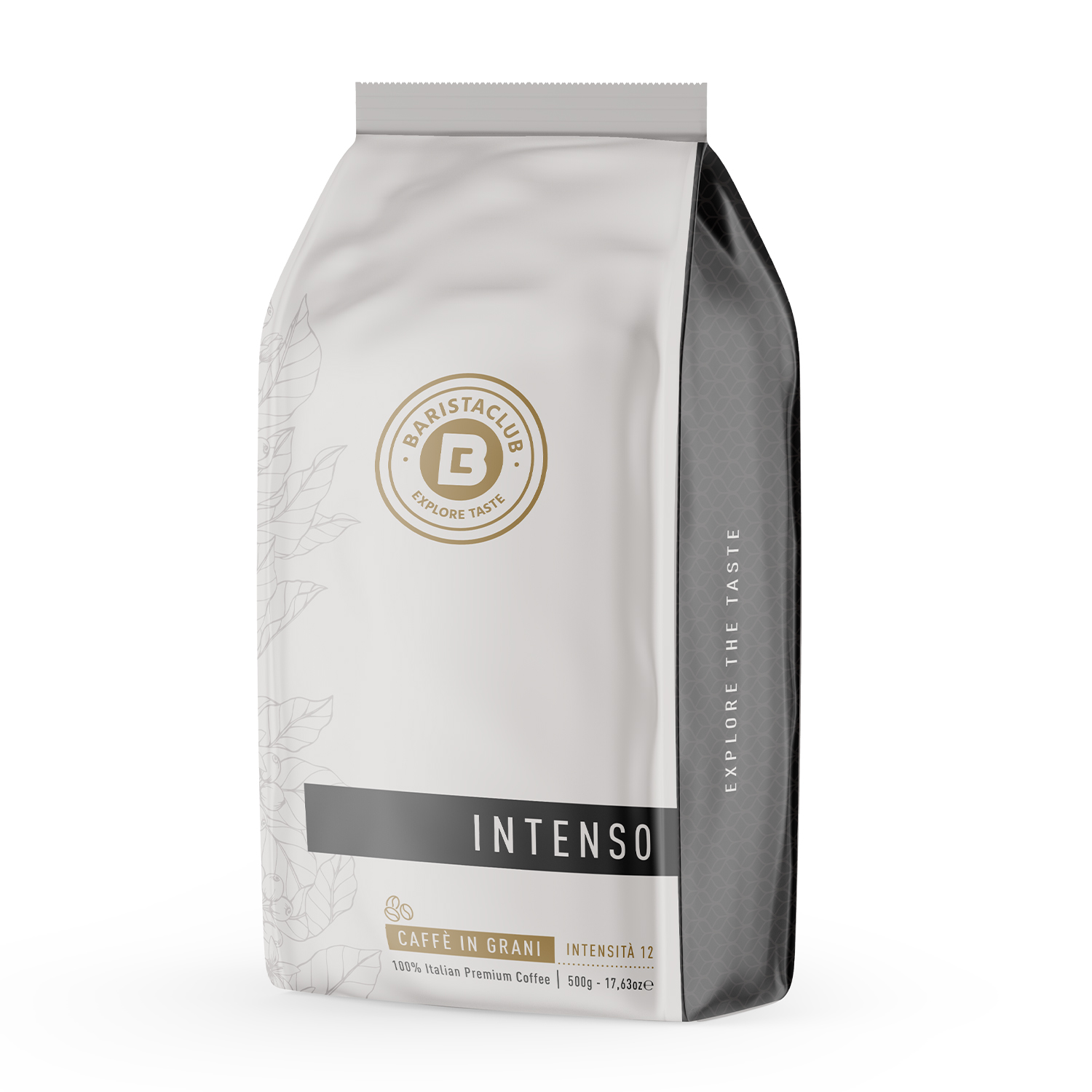 Una bolsa de granos de café Baristaclub Intenso, 500g, café premium italiano.