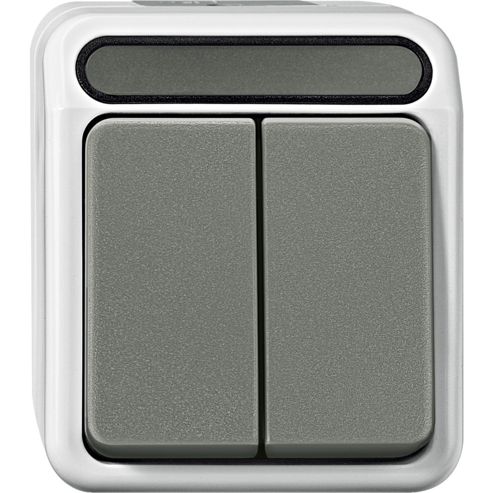 Dispositivo bianco con due pulsanti grigi e una barra scura in alto.