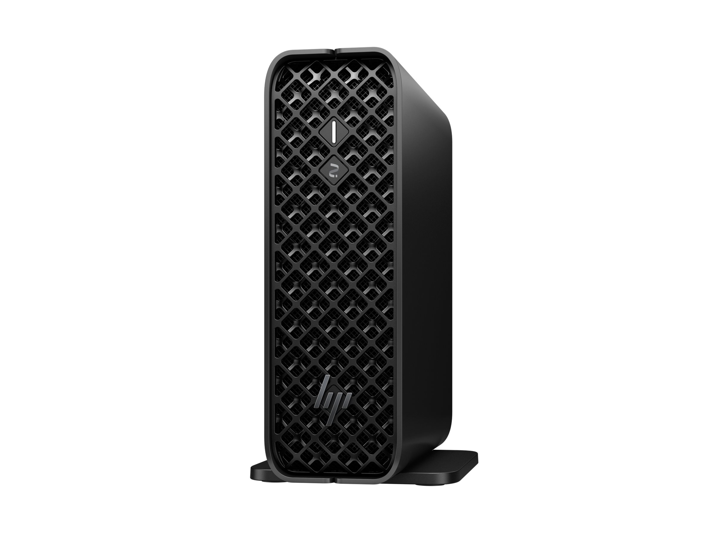 Computer HP mini tower nero con frontale in mesh e logo HP, su supporto.