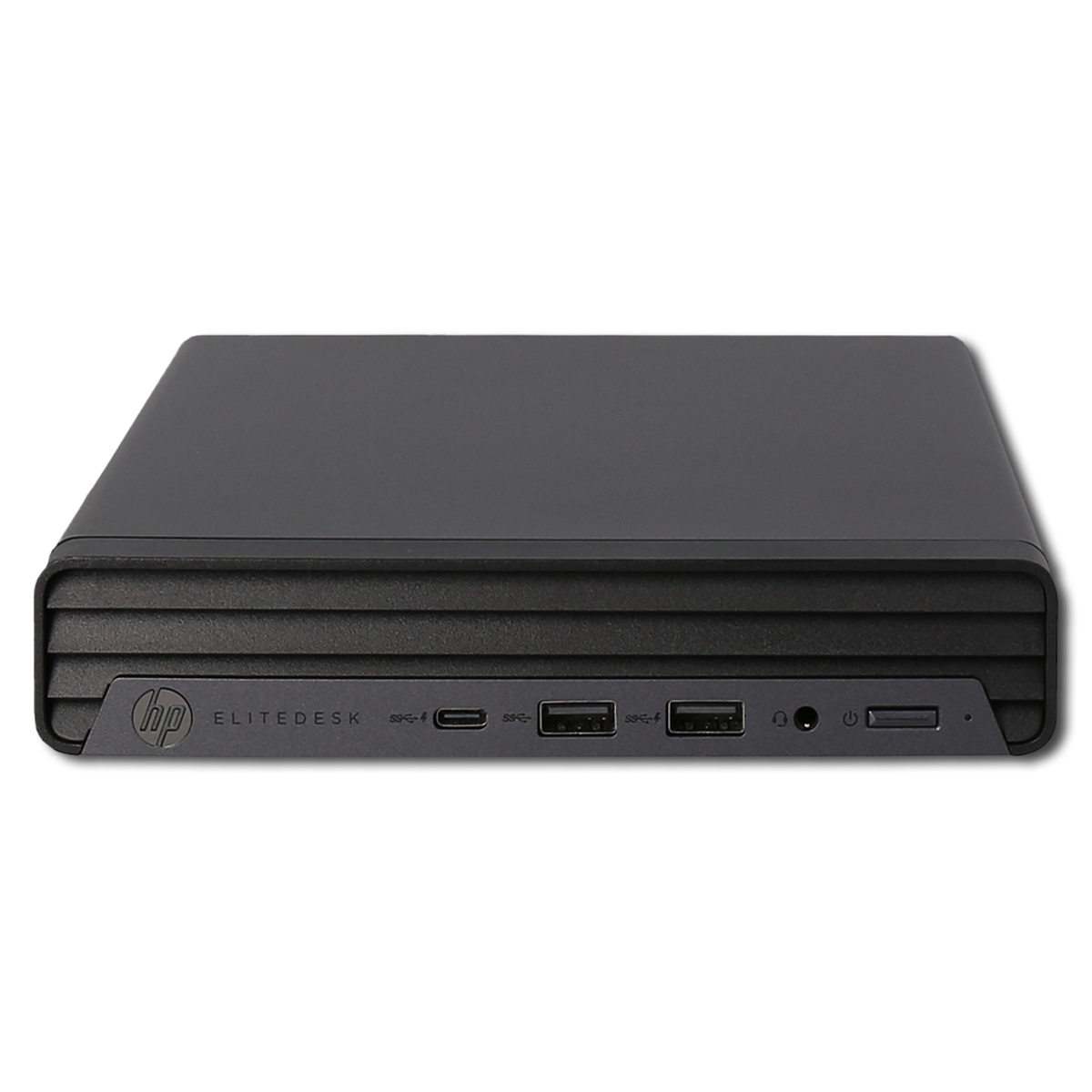 Un mini PC HP Elitedesk nero con porte frontali, su sfondo bianco.