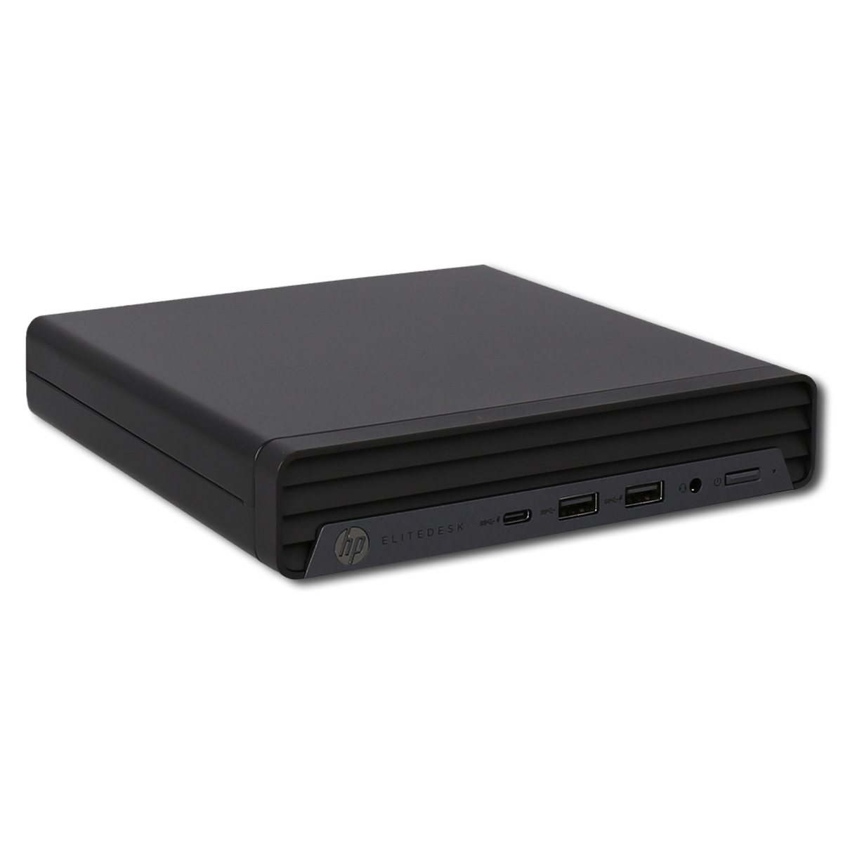 Un mini PC HP Elitedesk nero su sfondo bianco. Il pannello frontale ha porte USB.
