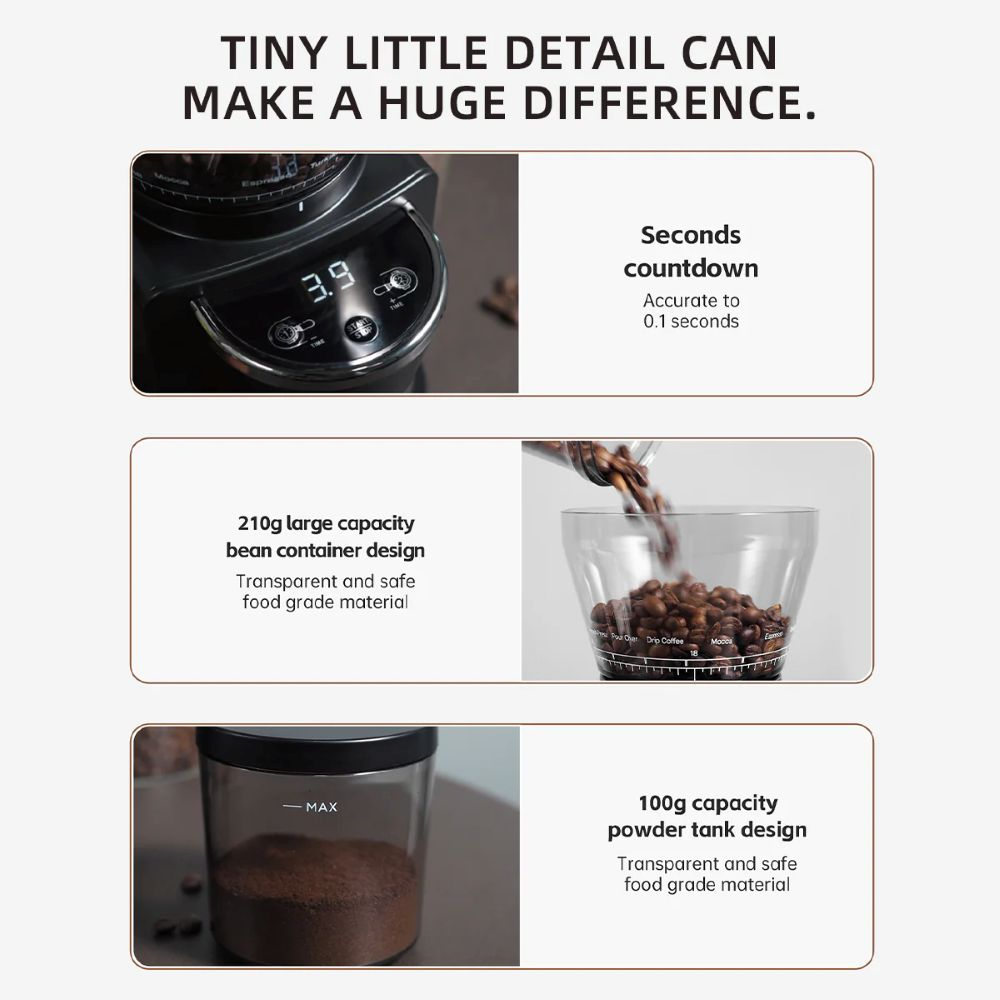 Características molinillo café: cuenta atrás 3,9s, contenedor 210g granos, depósito 100g polvo.