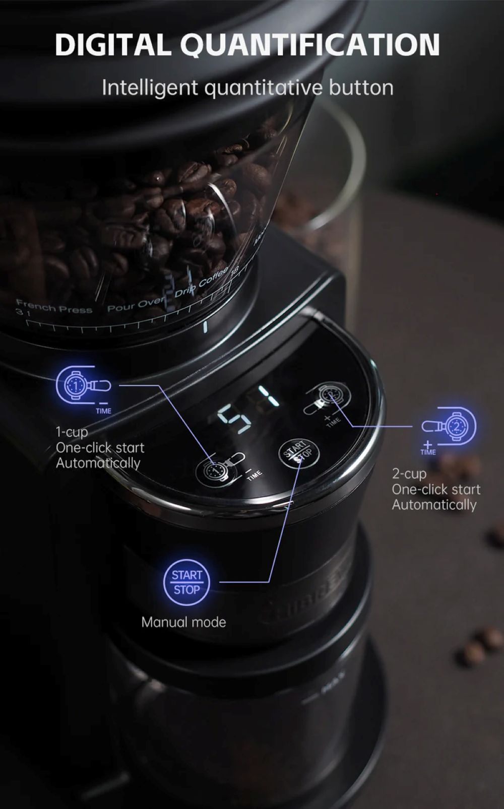 Molinillo de café con pantalla digital, depósito de granos y controles para 1 o 2 tazas.