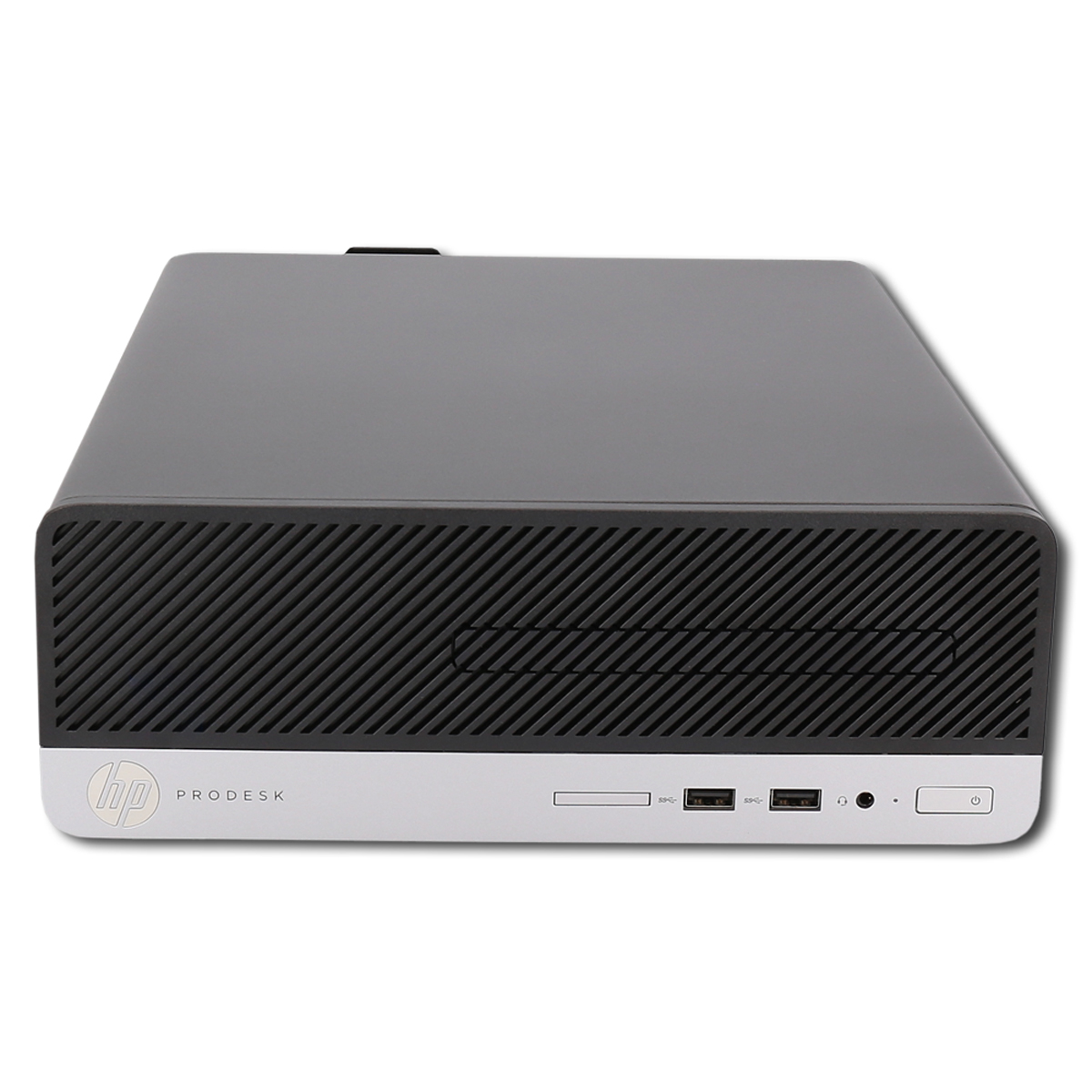 HP ProDesk Desktop-Computer mit silberner Frontblende, schwarzem Gitter und Anschlüssen.