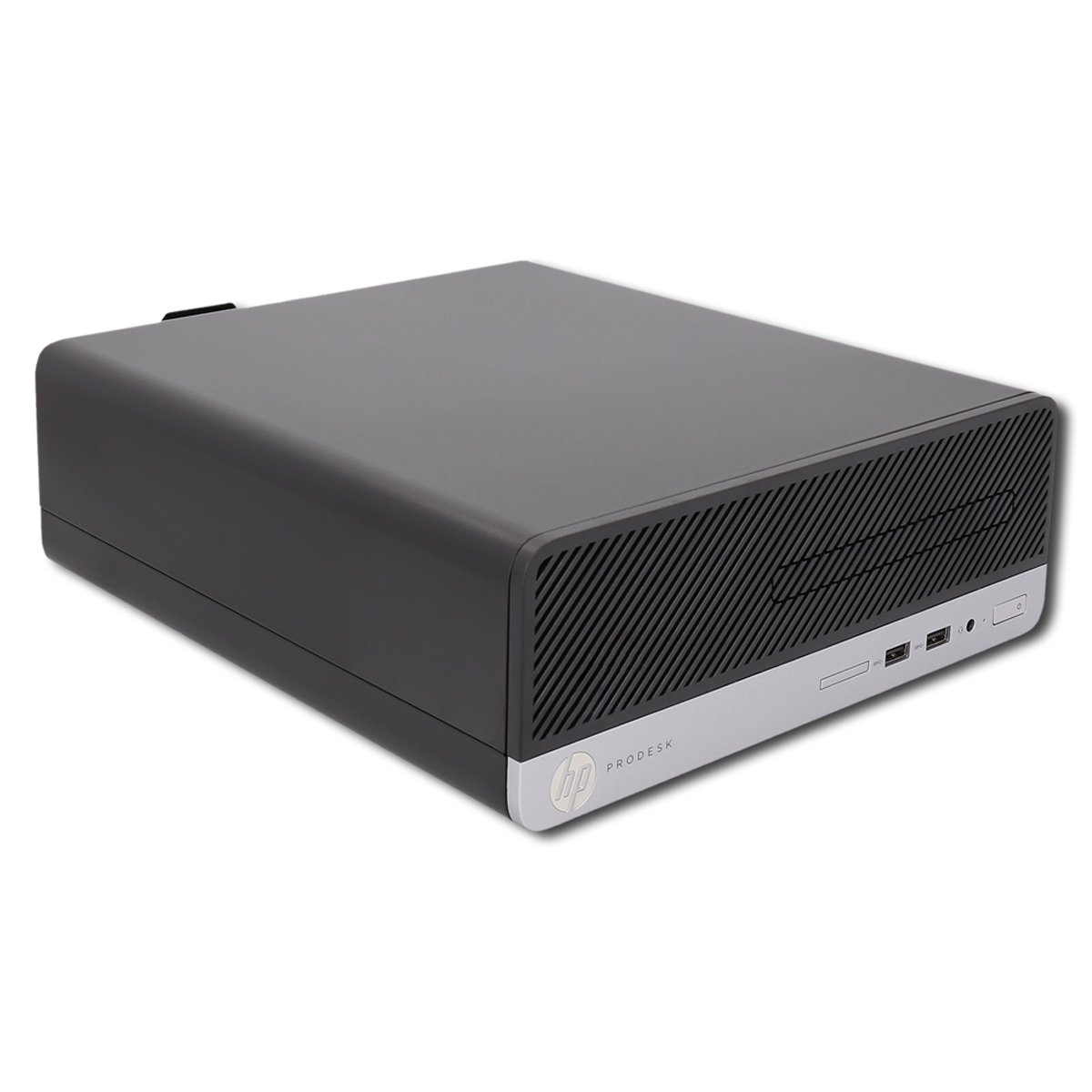Schwarzer HP ProDesk Computerturm mit silbernen Akzenten und Anschlüssen vorne.