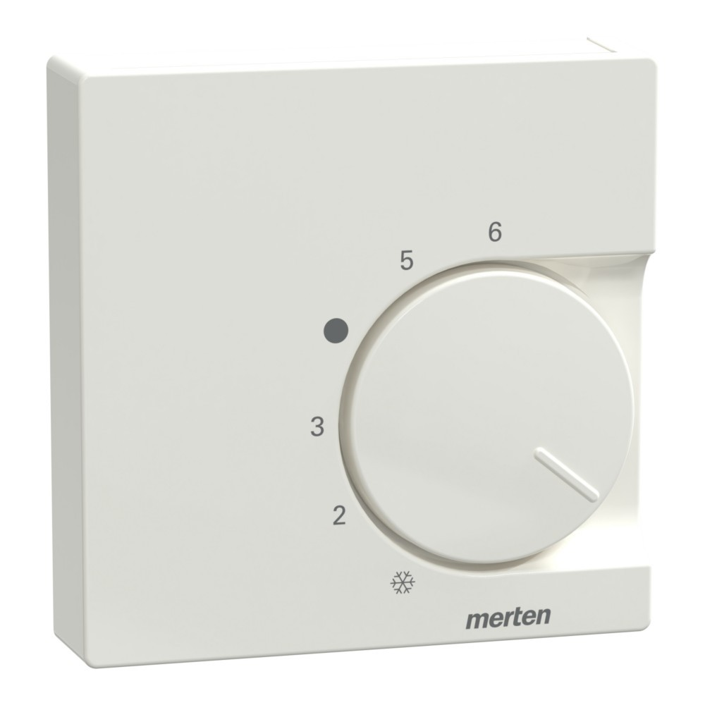 Un termostato bianco con manopola e numeri da 2 a 6.