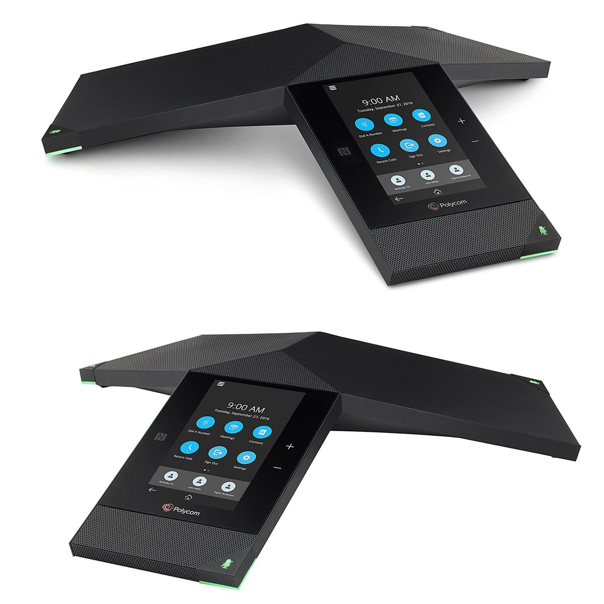 Due telefoni da conferenza Polycom neri con touchscreen che mostrano un'interfaccia di riunione.