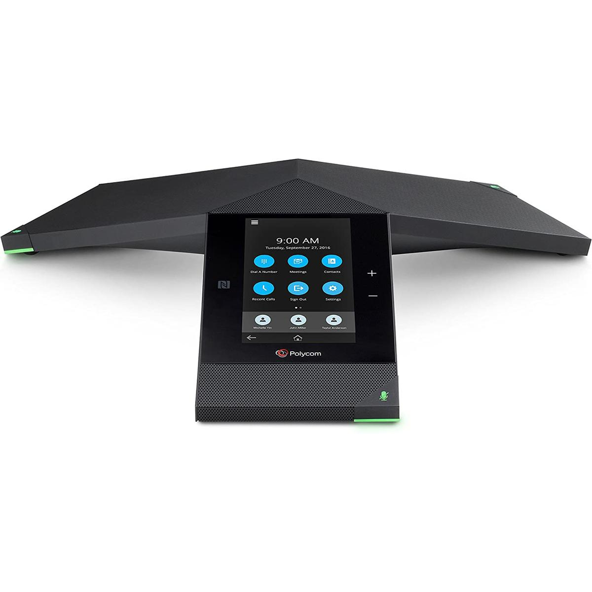 Telefono conferenza Polycom nero con touchscreen che mostra ora, data e opzioni di riunione.