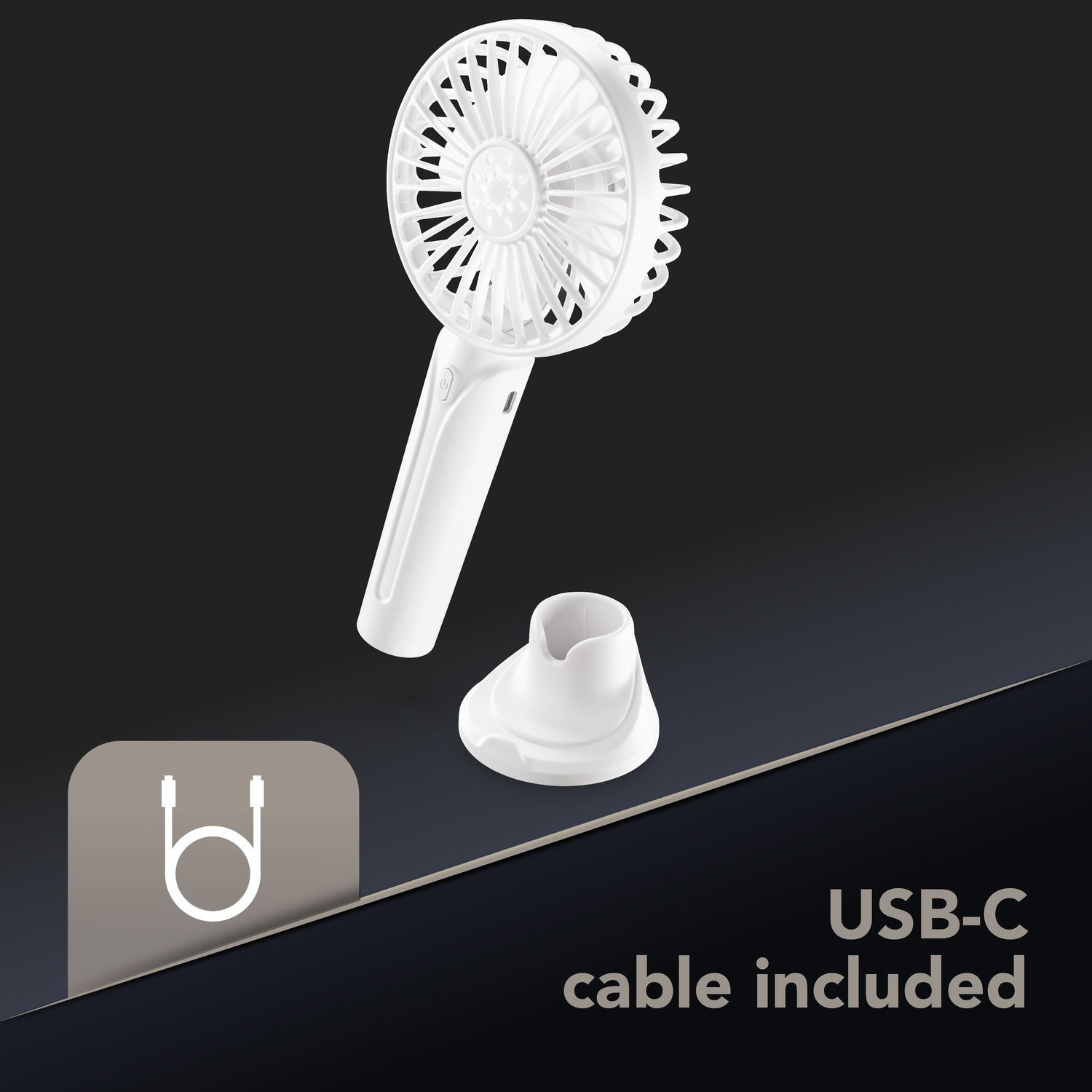 Ventilatore portatile bianco con supporto e icona cavo USB-C. Testo: cavo USB-C incluso.