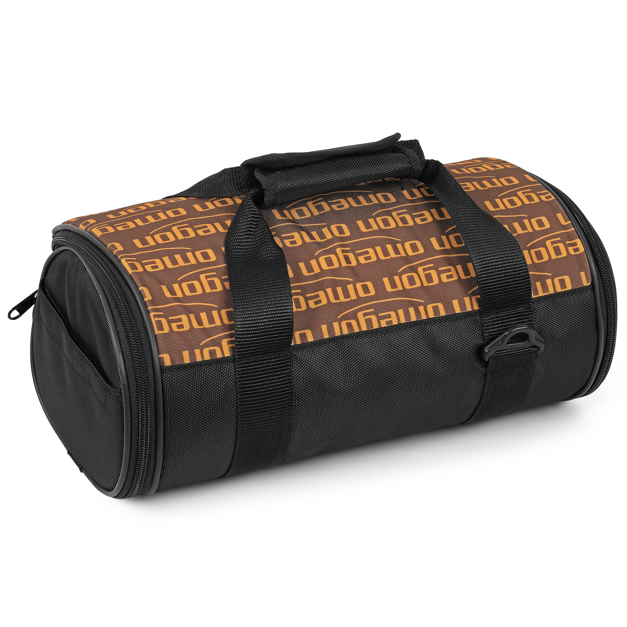 Eine braune Reisetasche mit schwarzem Stoff und orangefarbenem Schriftzug.