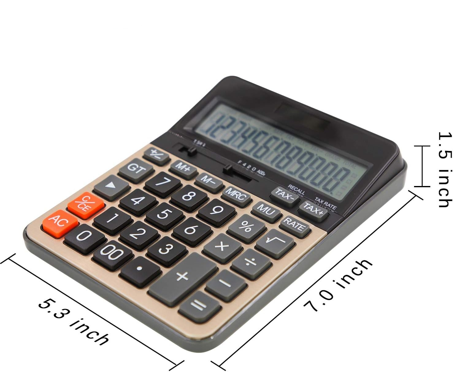 Ein schwarzer und goldener Taschenrechner mit großem Display, das Zahlen anzeigt. Maße 7x5,3x1,5 Zoll.