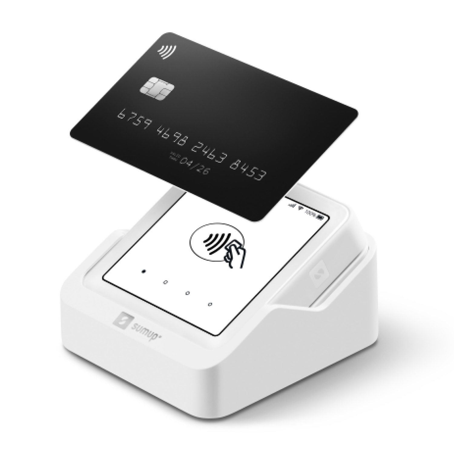 Czarna karta kredytowa unosi się nad białym czytnikiem kart z ekranem dotykowym.