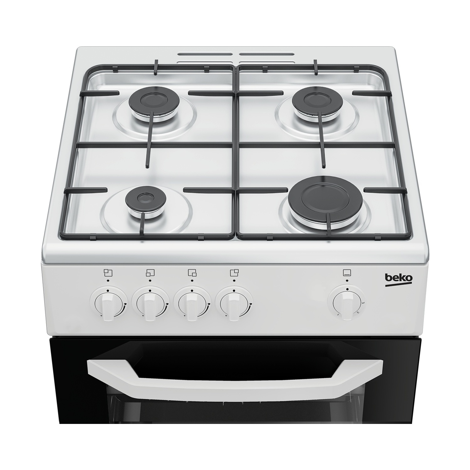 Fornello a gas bianco con quattro fuochi e forno nero con maniglia.