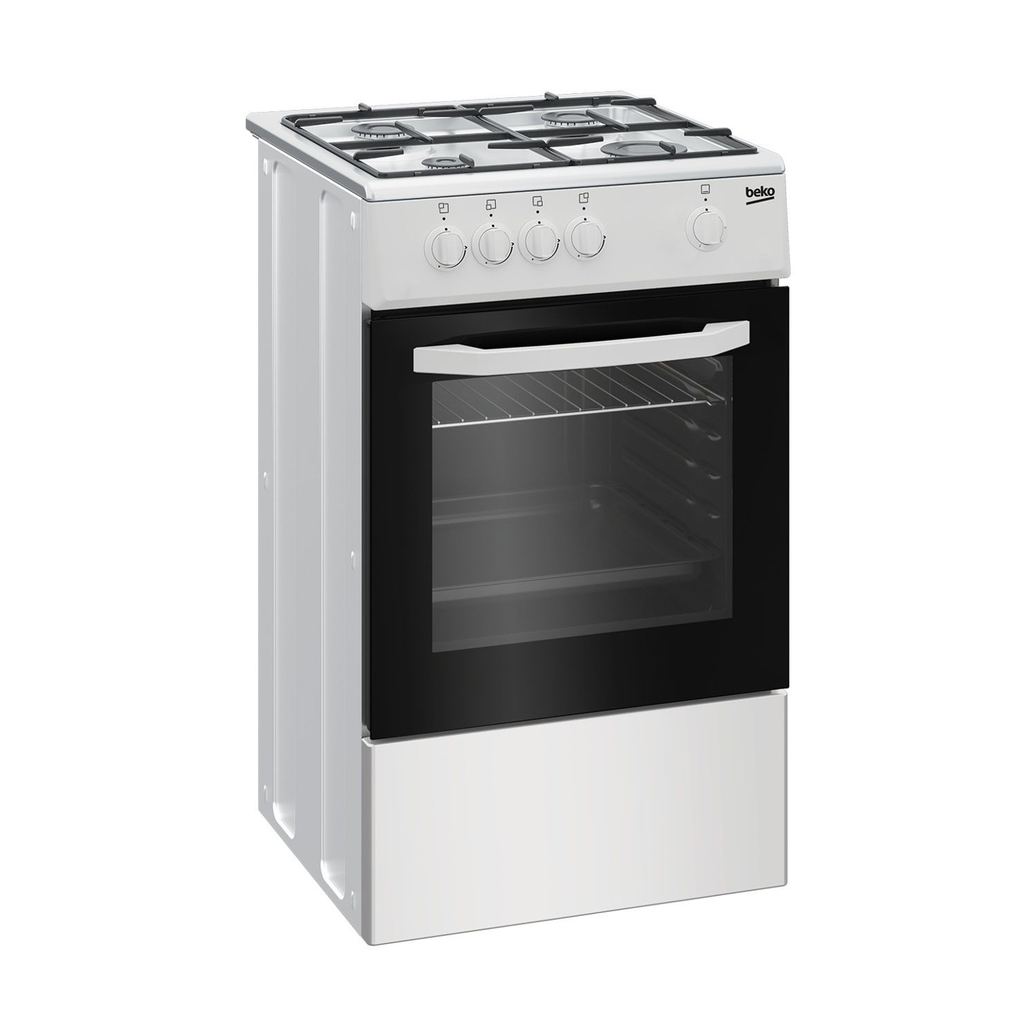 Un forno a gas Beko bianco freestanding con quattro fuochi sopra e un forno sotto.