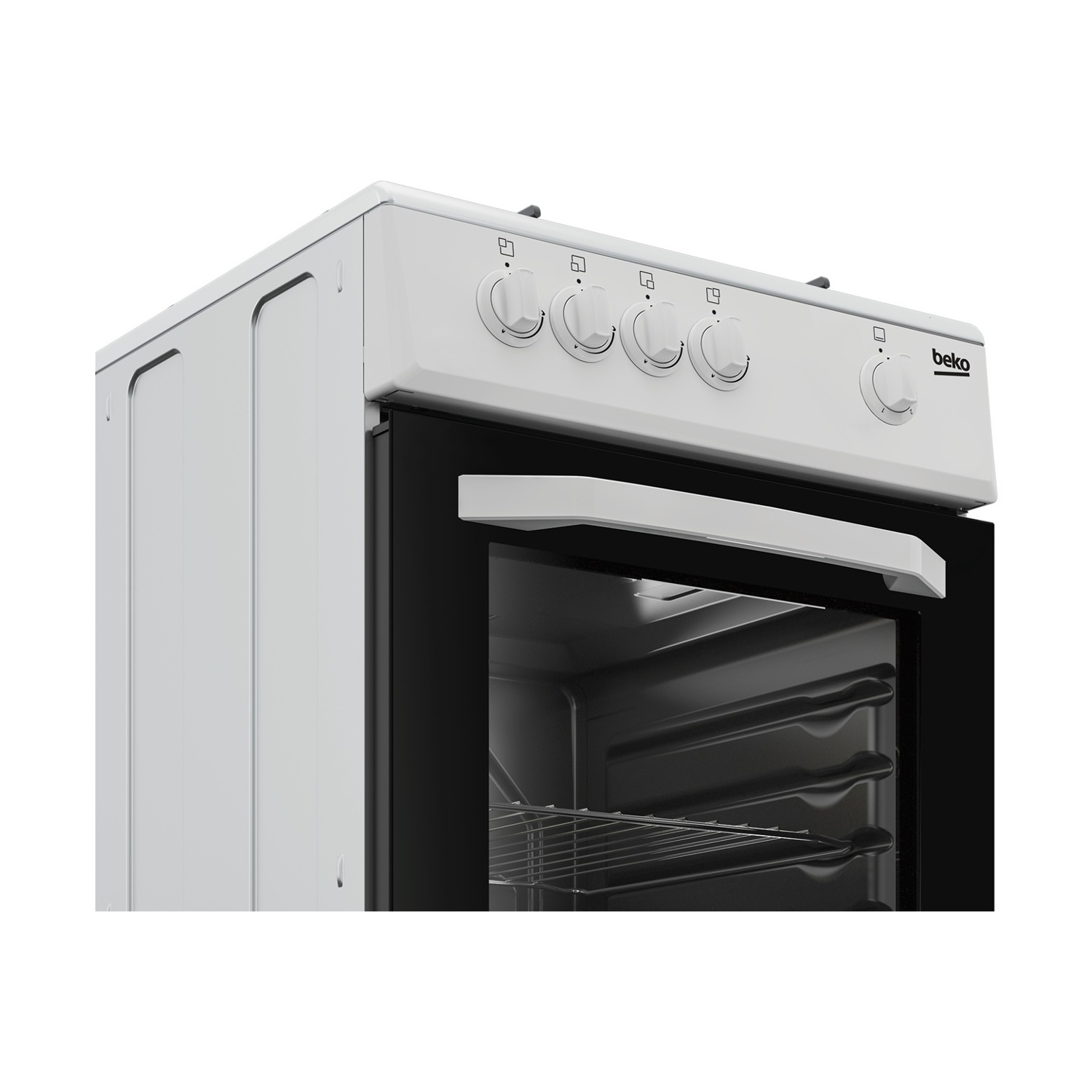 Forno bianco Beko con porta in vetro, mostra griglie interne e manopole.